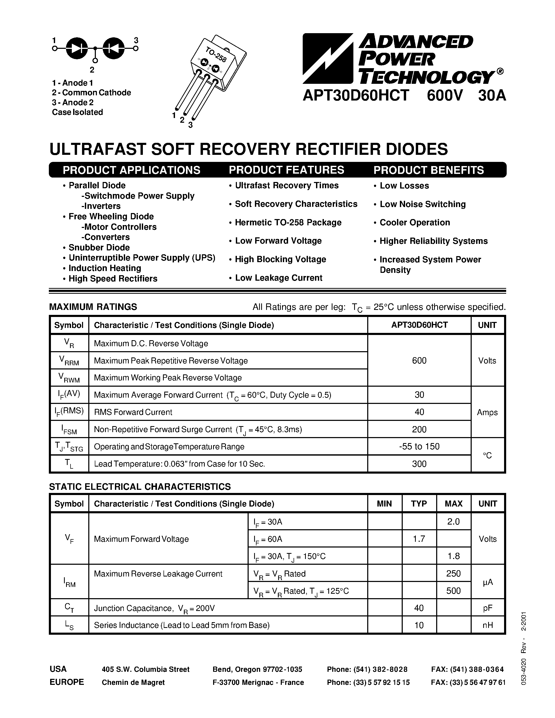 Datasheet APT30D60HCT page 1 Datasheet APT30D60HCT - ULTRAFAST SOFT RECOVERY RECTIFIER DIODES page 1