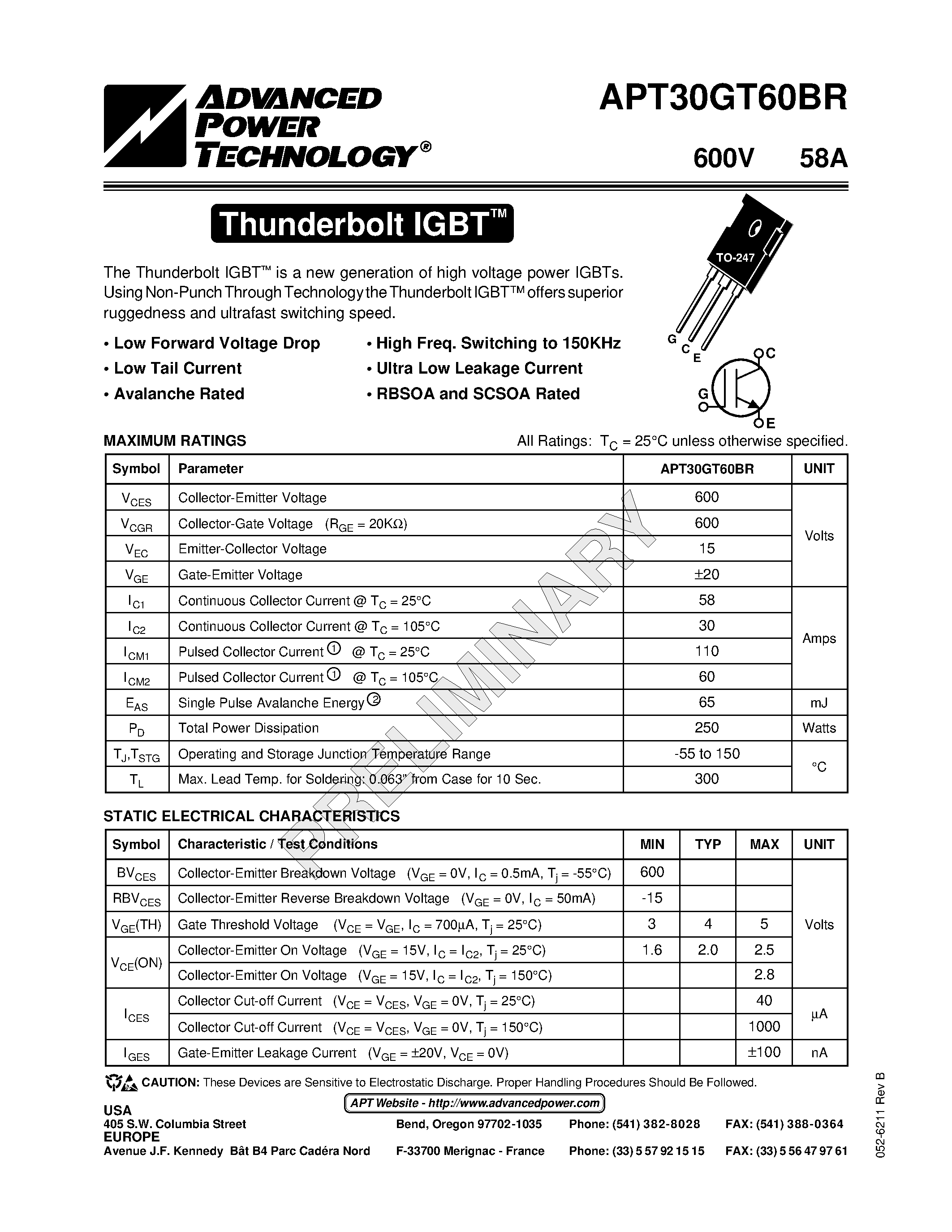 Datasheet APT30GT60BR - The Thunderbolt IGBT is a new generation of high voltage power IGBTs. page 1