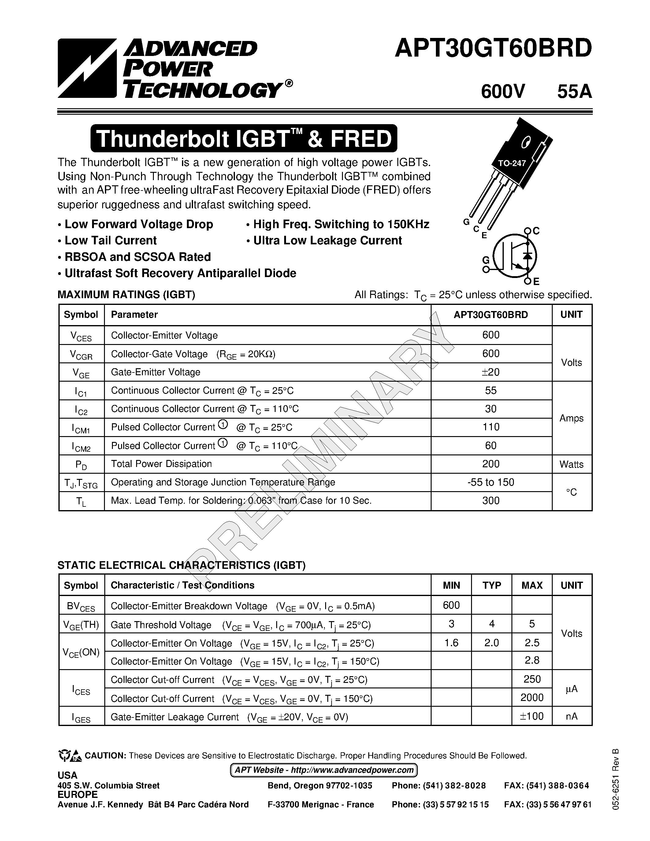 Datasheet APT30GT60BRD - The Thunderbolt IGBT is a new generation of high voltage power IGBTs. page 1