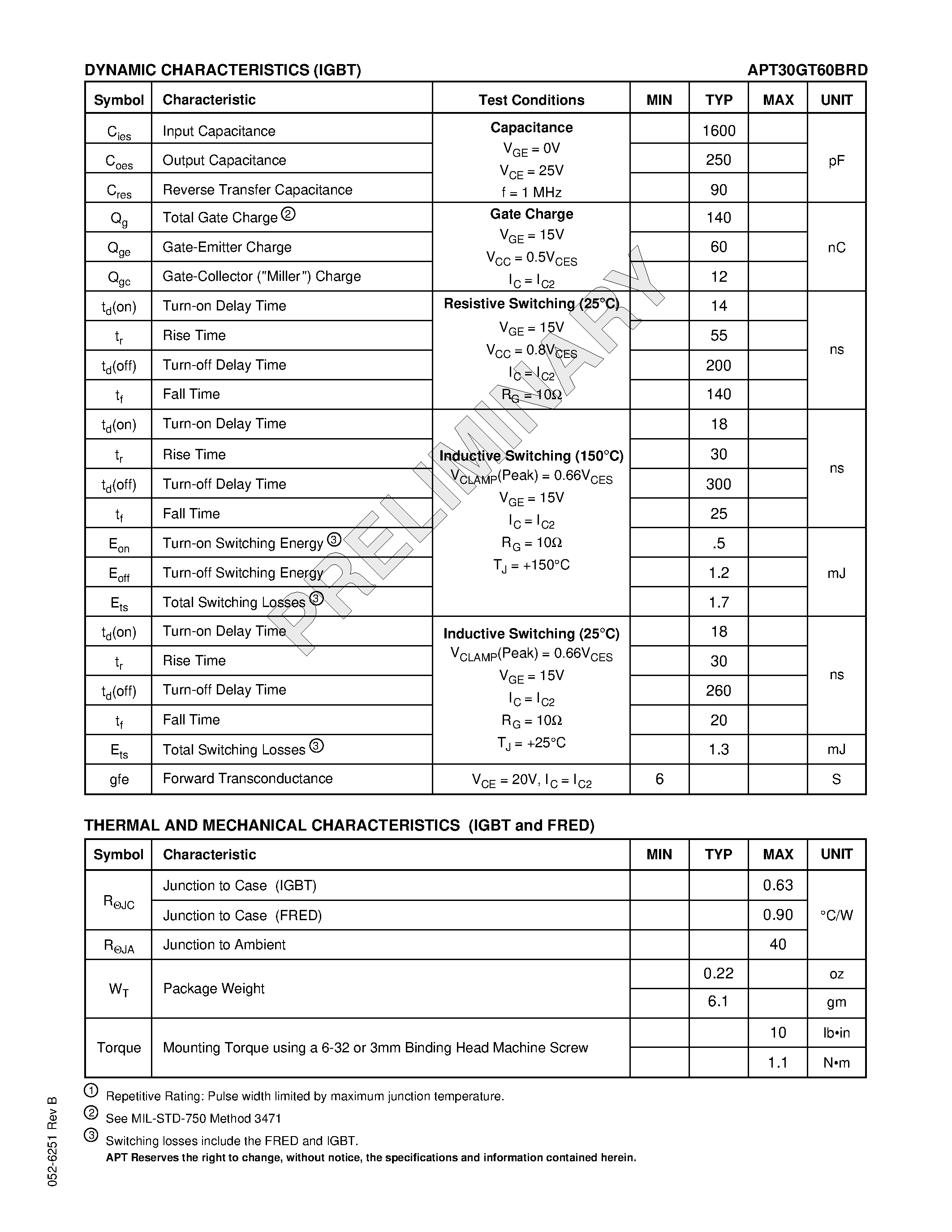 Datasheet APT30GT60BRD - The Thunderbolt IGBT is a new generation of high voltage power IGBTs. page 2