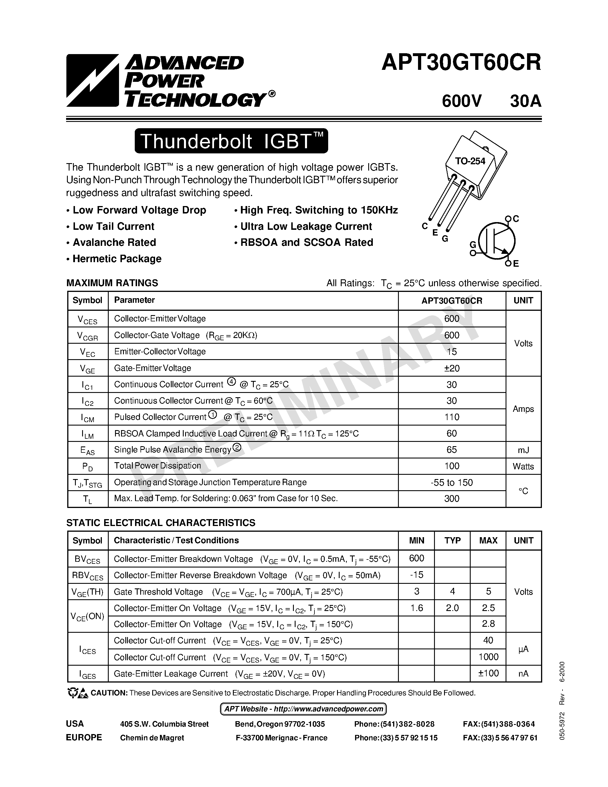 Datasheet APT30GT60CR - The Thunderbolt IGBT is a new generation of high voltage power IGBTs. page 1