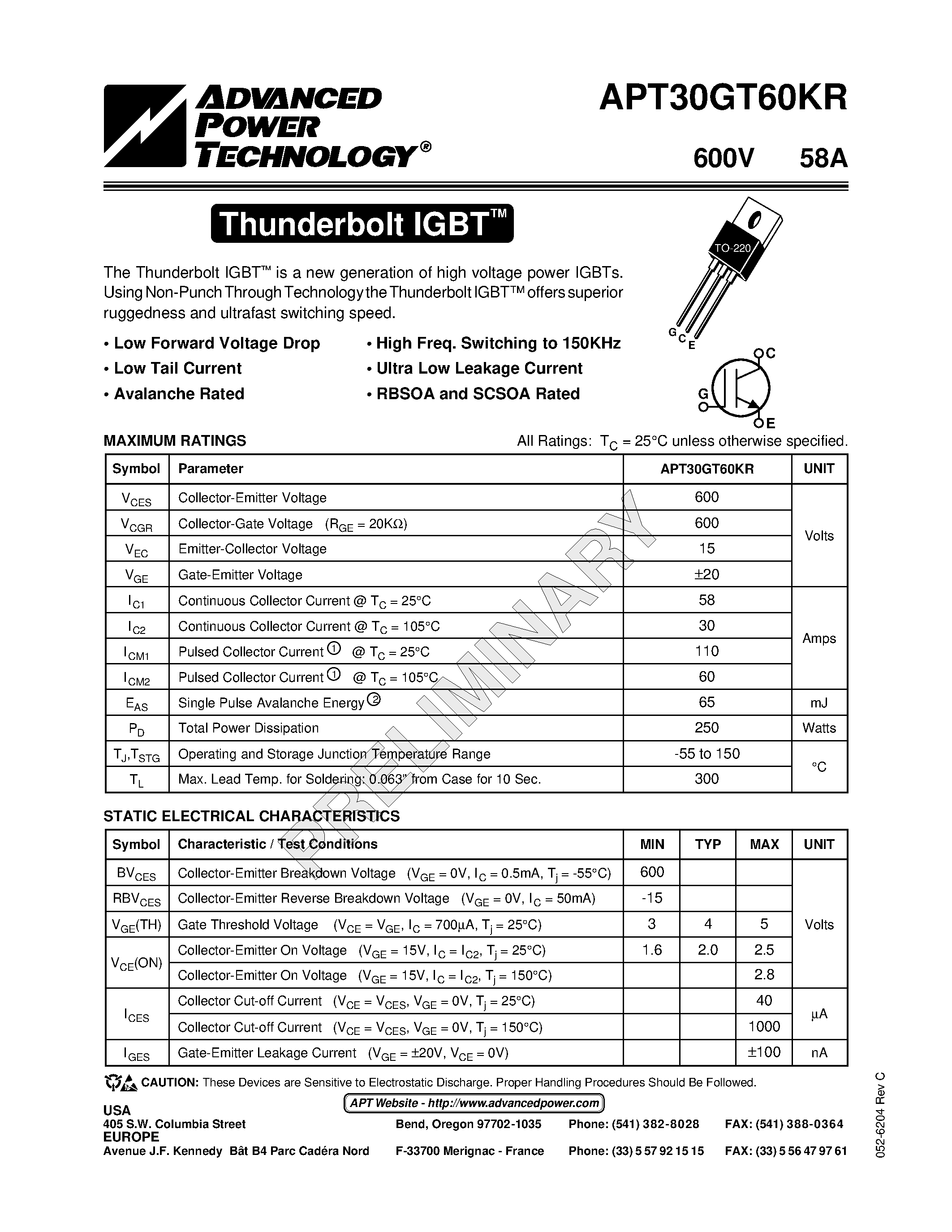 Datasheet APT30GT60KR - The Thunderbolt IGBT is a new generation of high voltage power IGBTs. page 1