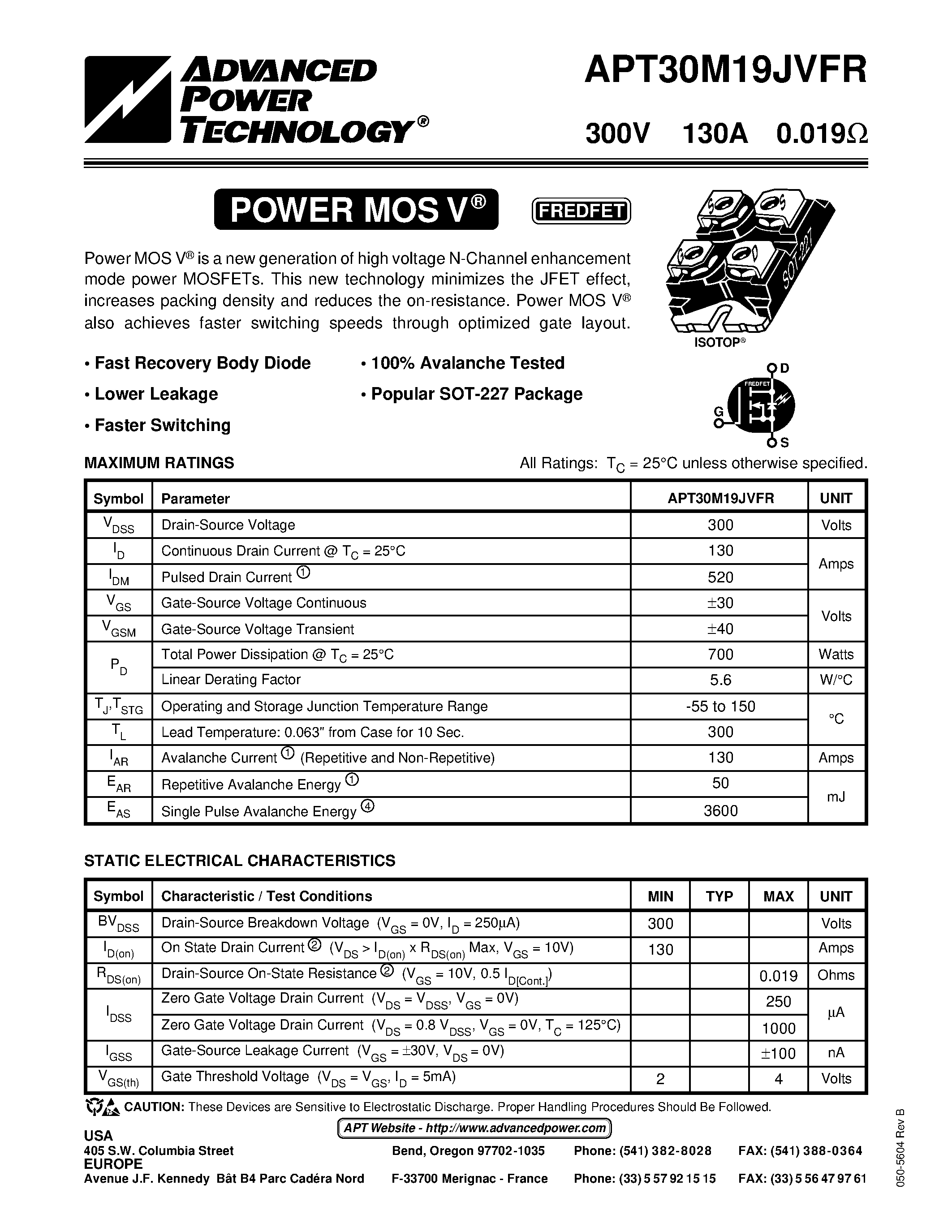 Datasheet APT30M19JVFR - Power MOS V is a new generation of high voltage N-Channel enhancement mode power MOSFETs page 1
