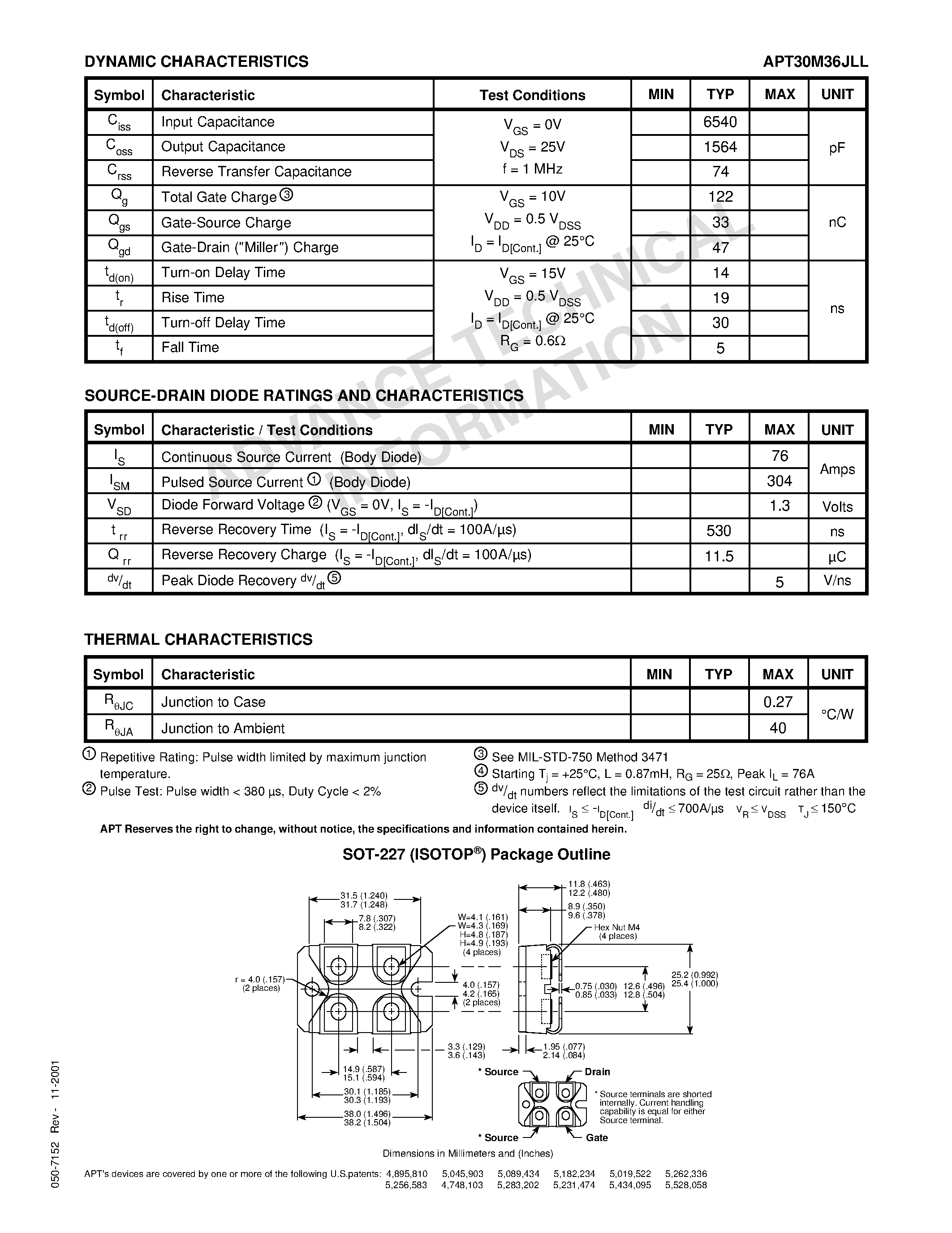 Datasheet APT30M36JLL - Power MOS 7TM is a new generation of low loss/ high voltage/ N-Channel enhancement mode power MOSFETS page 2