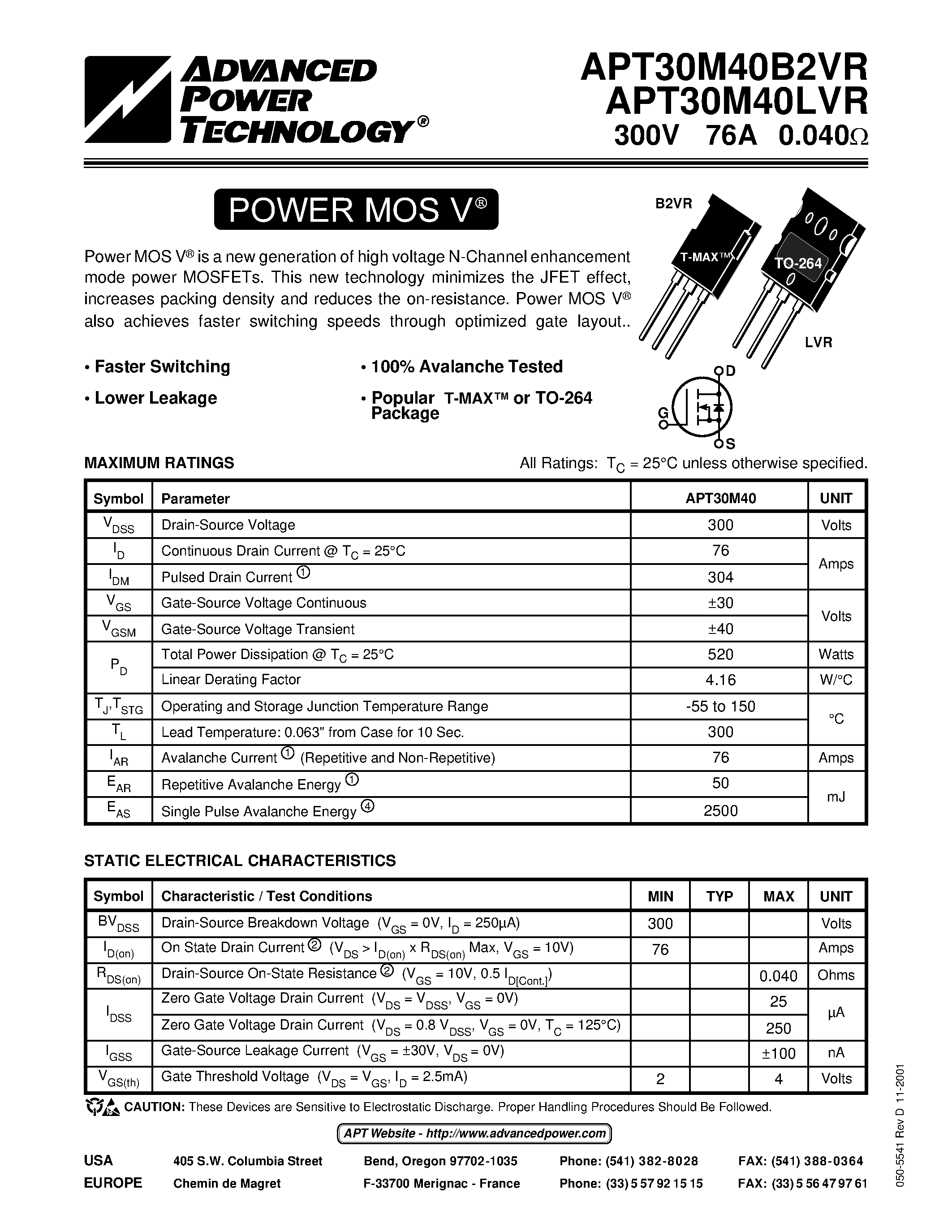 Datasheet APT30M40B2VR - Power MOS V is a new generation of high voltage N-Channel enhancement mode power MOSFETs. page 1