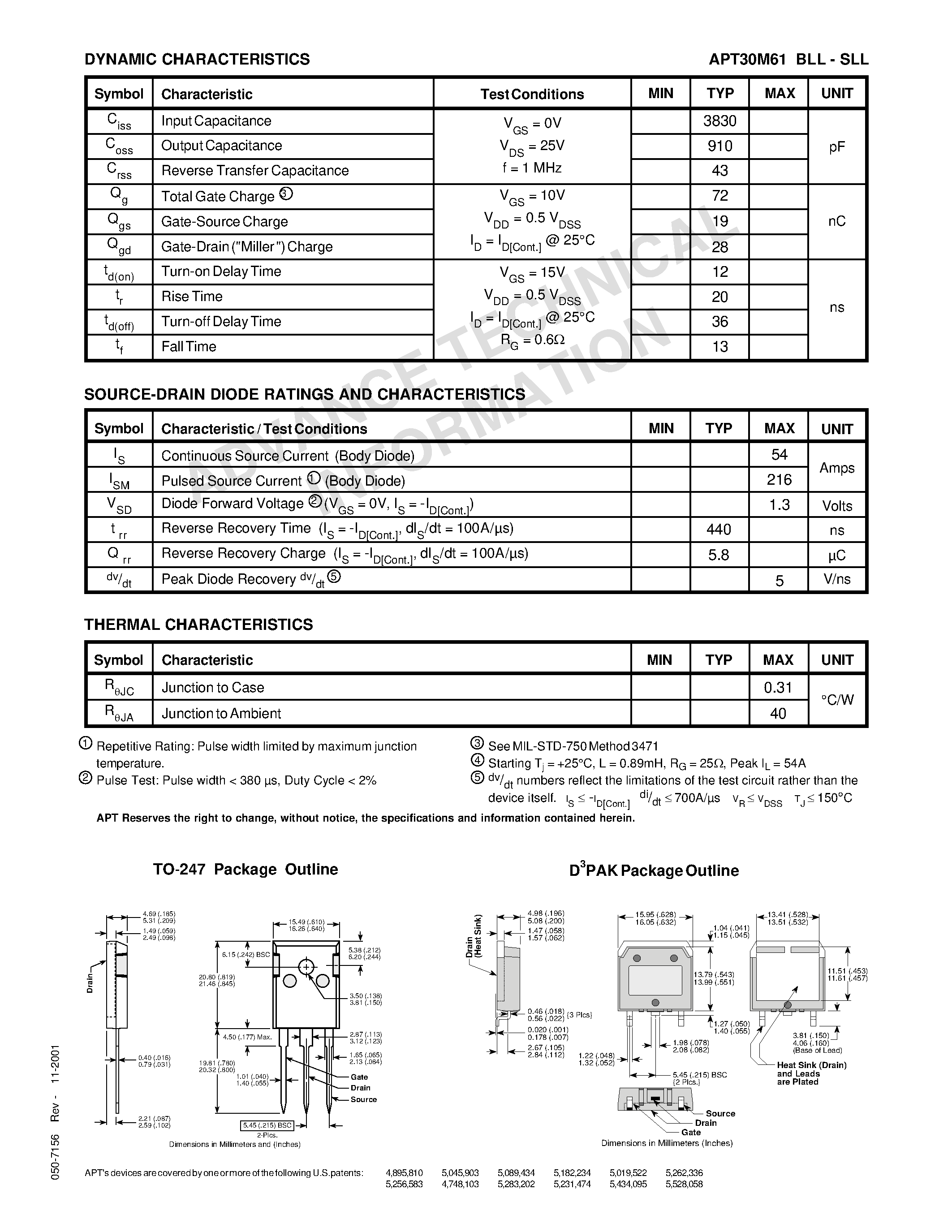 Datasheet APT30M61BLL - Power MOS 7TM is a new generation of low loss/ high voltage/ N-Channel enhancement mode power MOSFETS. page 2