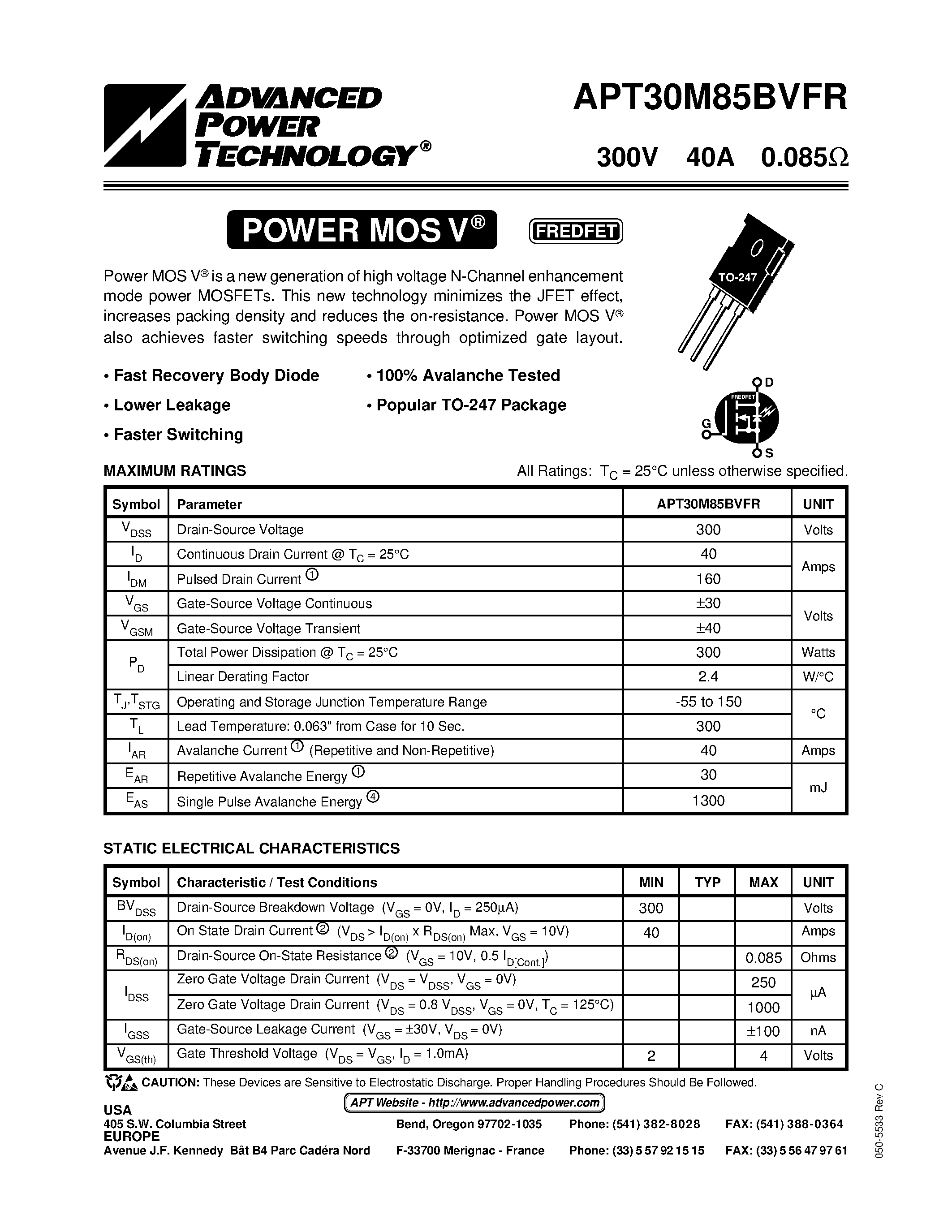 Datasheet APT30M85BVFR page 1 Datasheet APT30M85BVFR - Power MOS V is a new generation of high voltage N-Channel enhancement mode power MOSFETs. page 1
