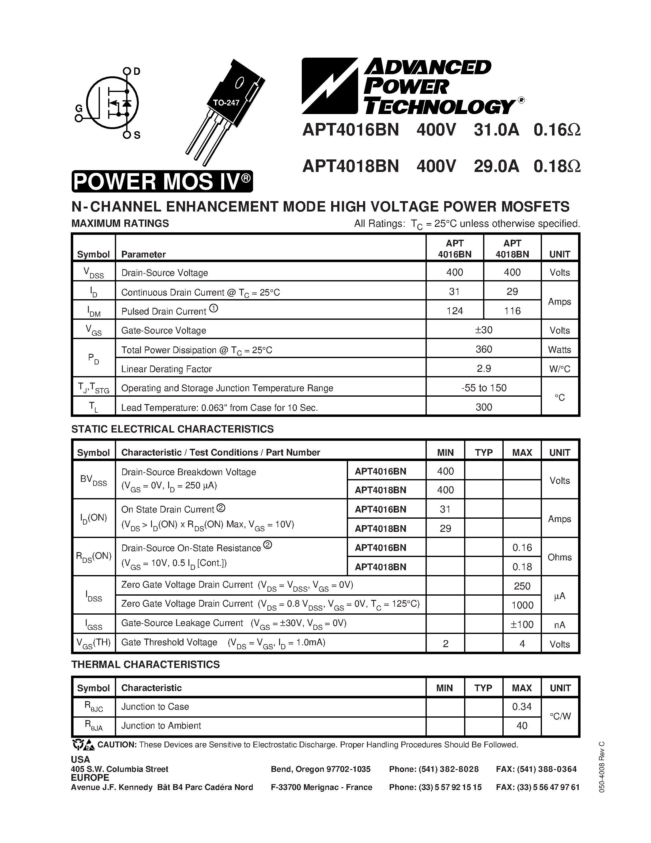 Datasheet APT4016BN - N-CHANNEL ENHANCEMENT MODE HIGH VOLTAGE POWER MOSFETS page 1