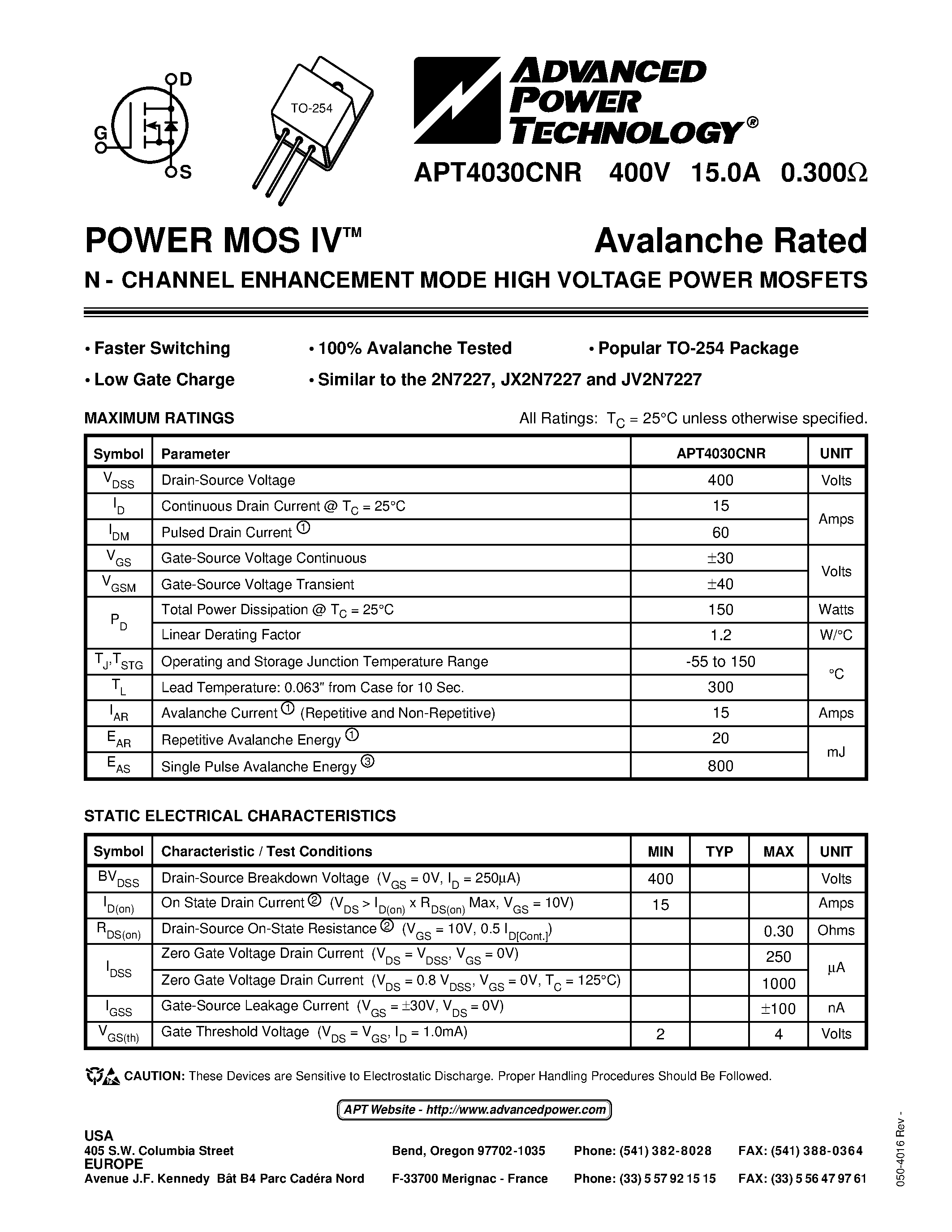 Datasheet APT4030CNR - N - CHANNEL ENHANCEMENT MODE HIGH VOLTAGE POWER MOSFETS page 1