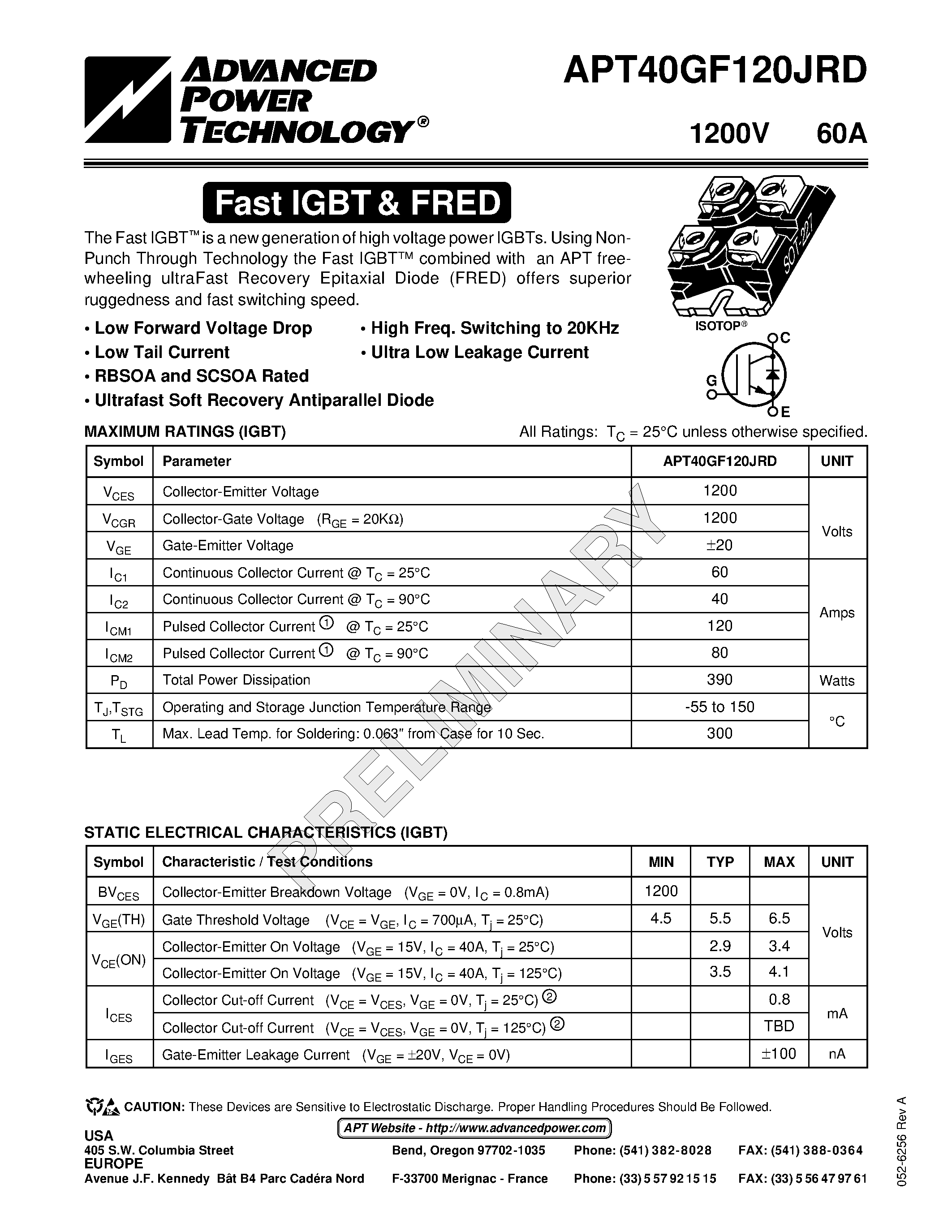 Datasheet APT40GF120JRD - The Fast IGBT is a new generation of high voltage power IGBTs page 1