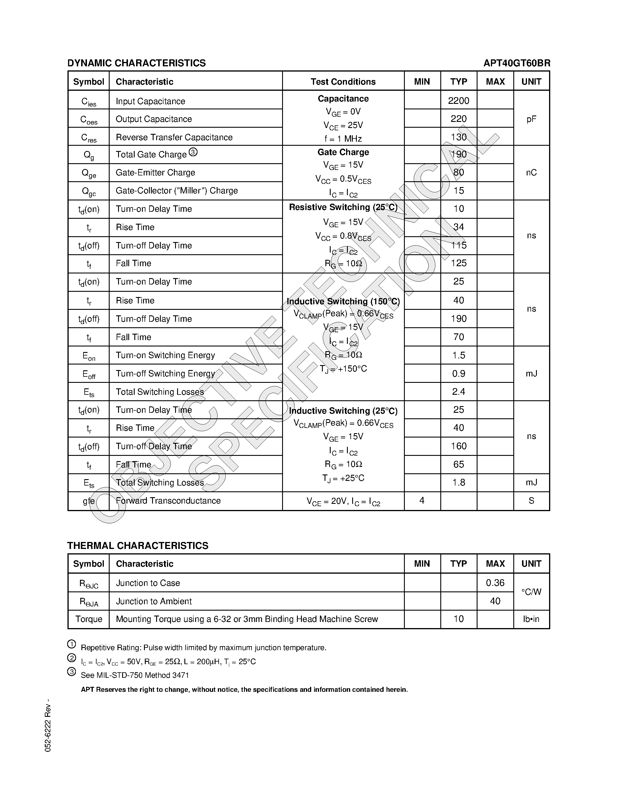 Datasheet APT40GT60BR - The Thunderbolt IGBT is a new generation of high voltage power IGBTs. page 2