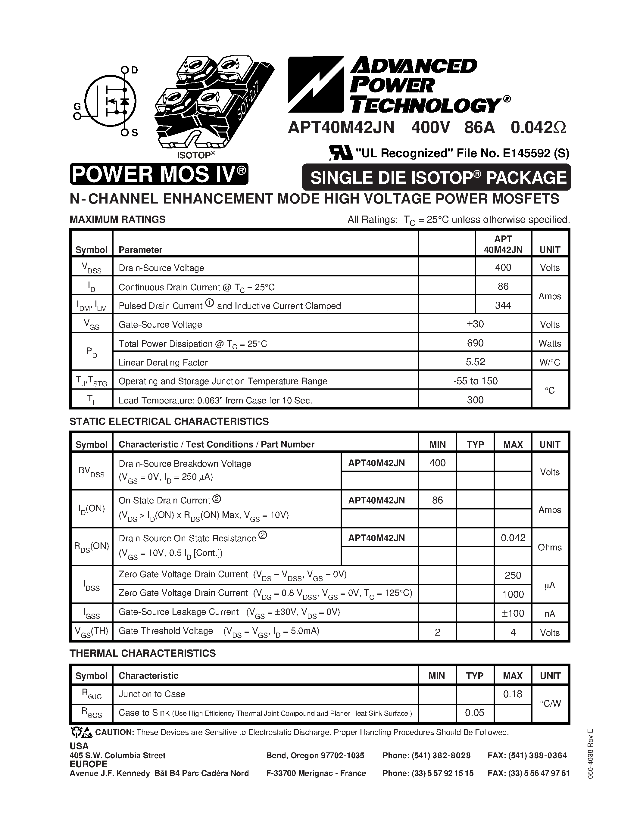 Datasheet APT40M42JN - N-CHANNEL ENHANCEMENT MODE HIGH VOLTAGE POWER MOSFETS page 1