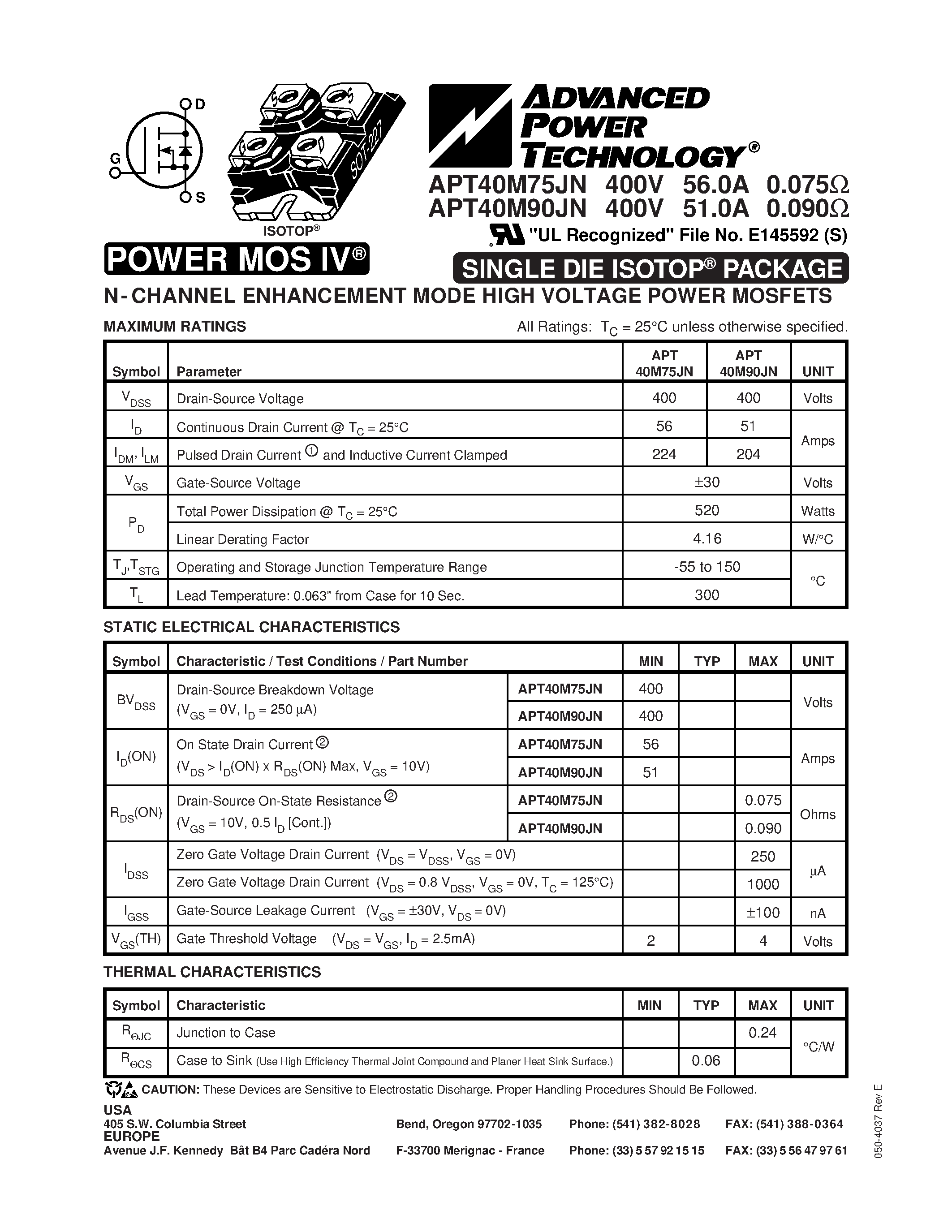 Datasheet APT40M75JN - N-CHANNEL ENHANCEMENT MODE HIGH VOLTAGE POWER MOSFETS page 1