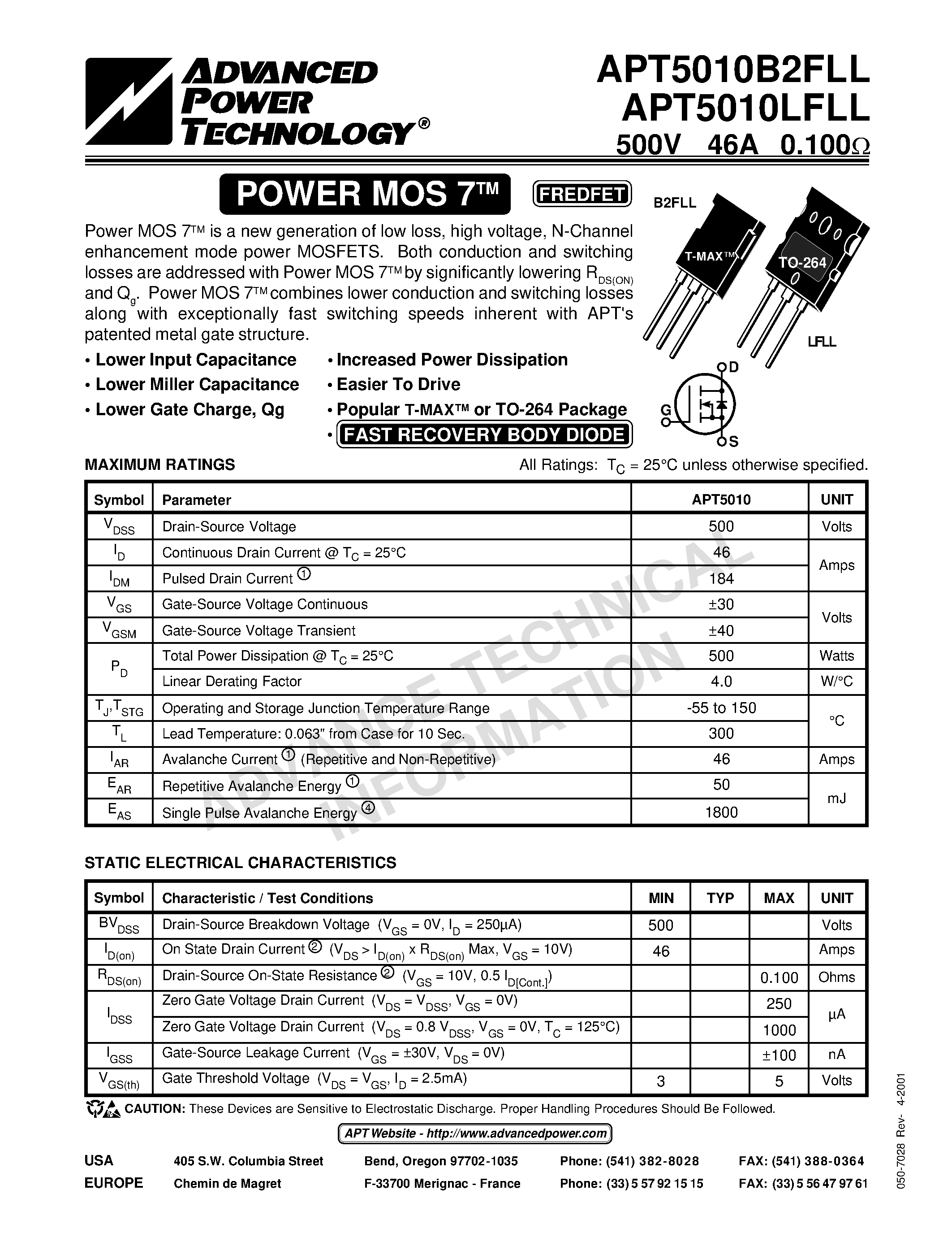 Datasheet APT5010B2FLL - Power MOS 7TM is a new generation of low loss/ high voltage/ N-Channel enhancement mode power MOSFETS. page 1