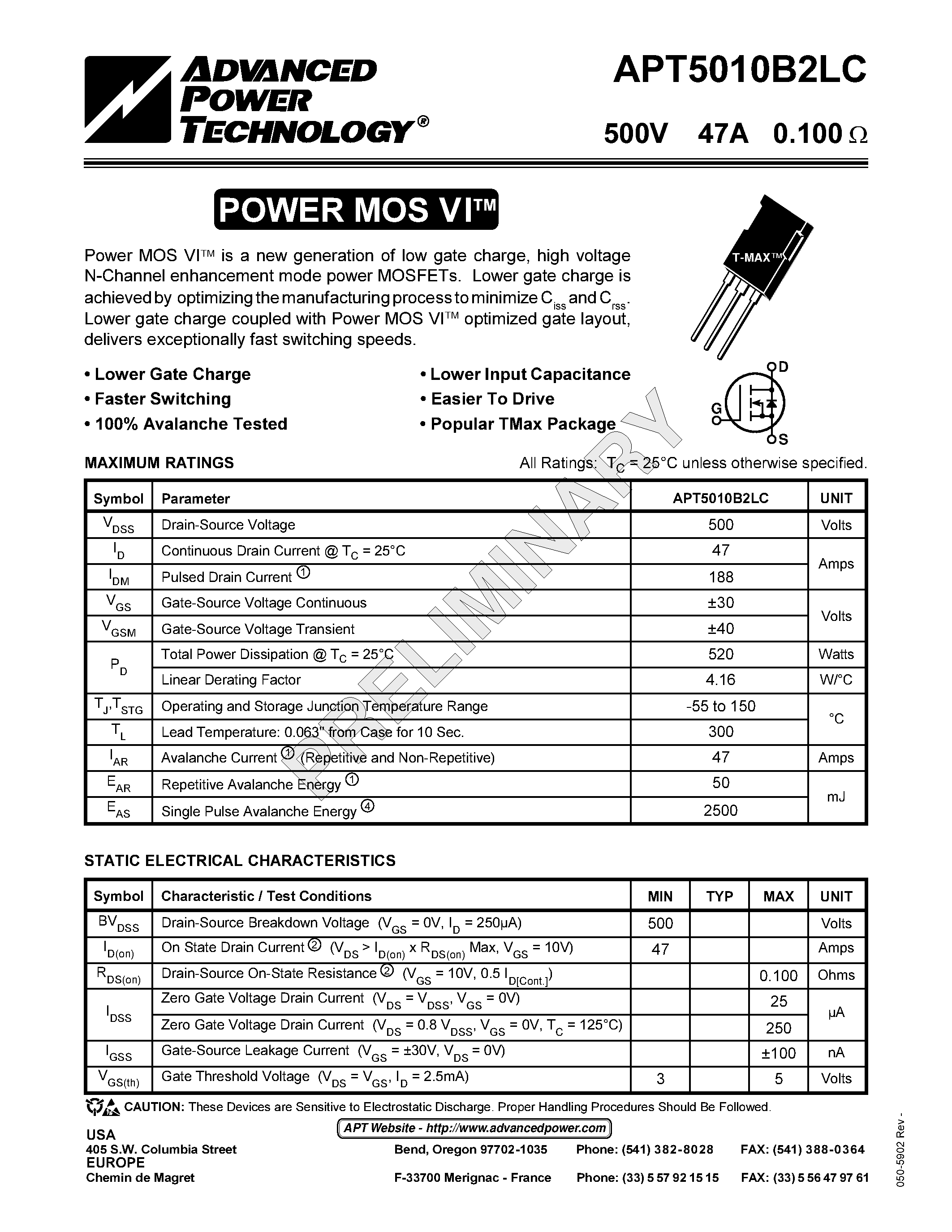 Datasheet APT5010B2LC - Power MOS VITM is a new generation of low gate charge/ high voltage N-Channel enhancement mode power MOSFETs. page 1