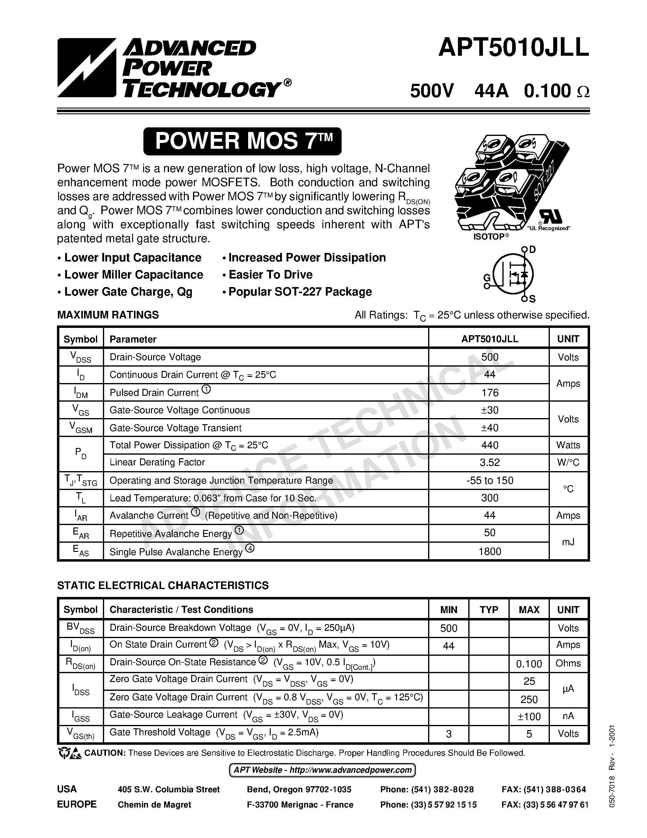 Datasheet APT5010JLL - Power MOS 7TM is a new generation of low loss/ high voltage/ N-Channel enhancement mode power MOSFETS page 1