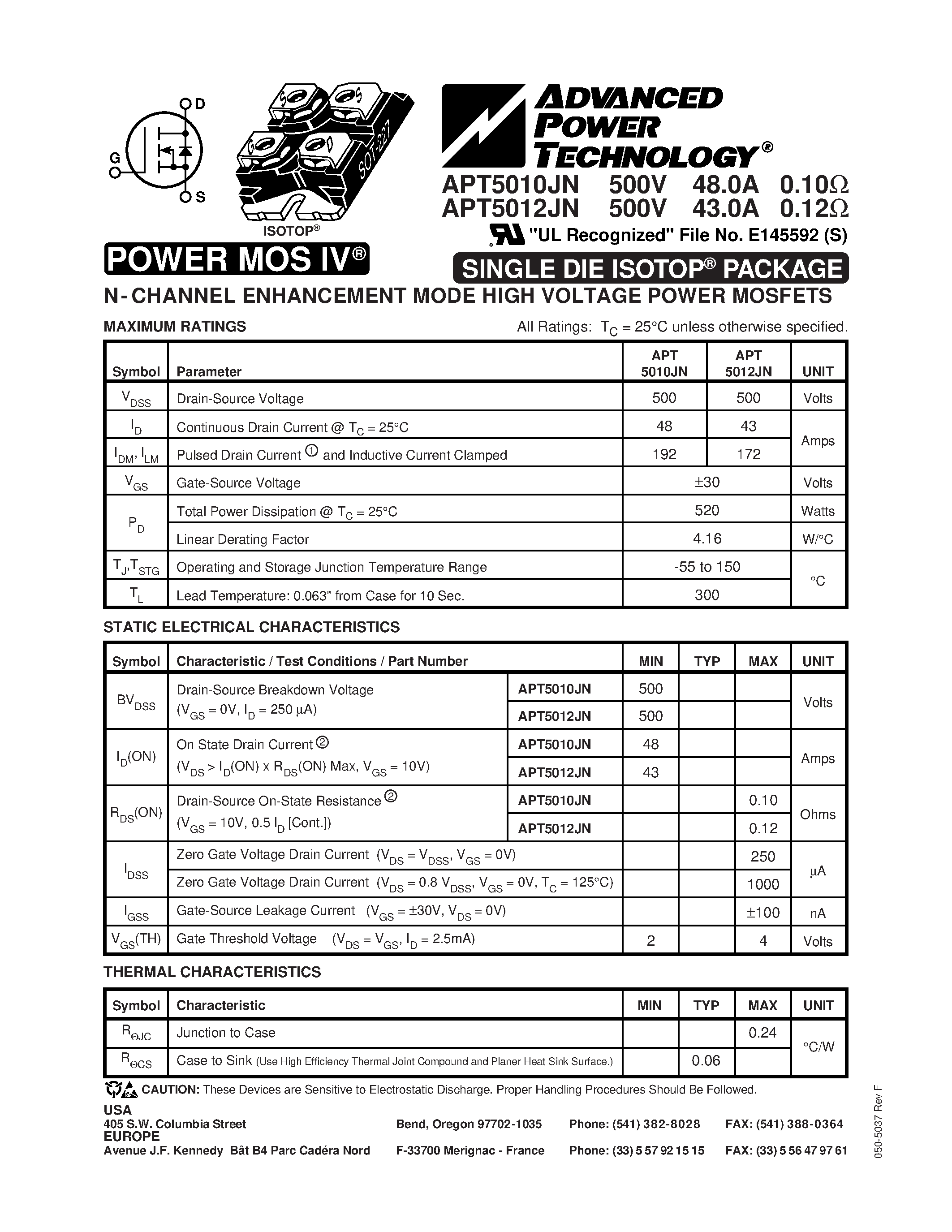 Datasheet APT5010JN - N-CHANNEL ENHANCEMENT MODE HIGH VOLTAGE POWER MOSFETS page 1
