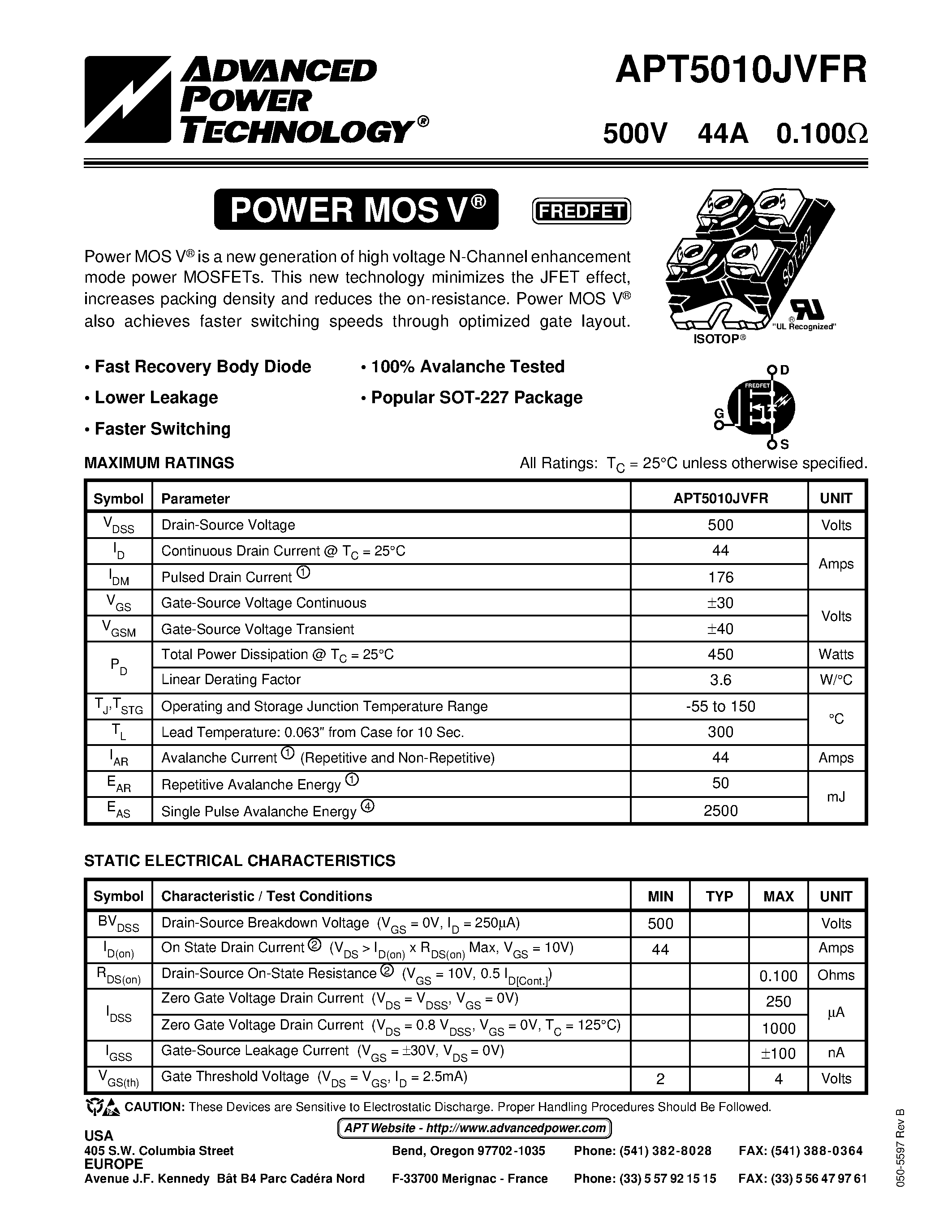 Datasheet APT5010JVFR - Power MOS V is a new generation of high voltage N-Channel enhancement mode power MOSFETs. page 1