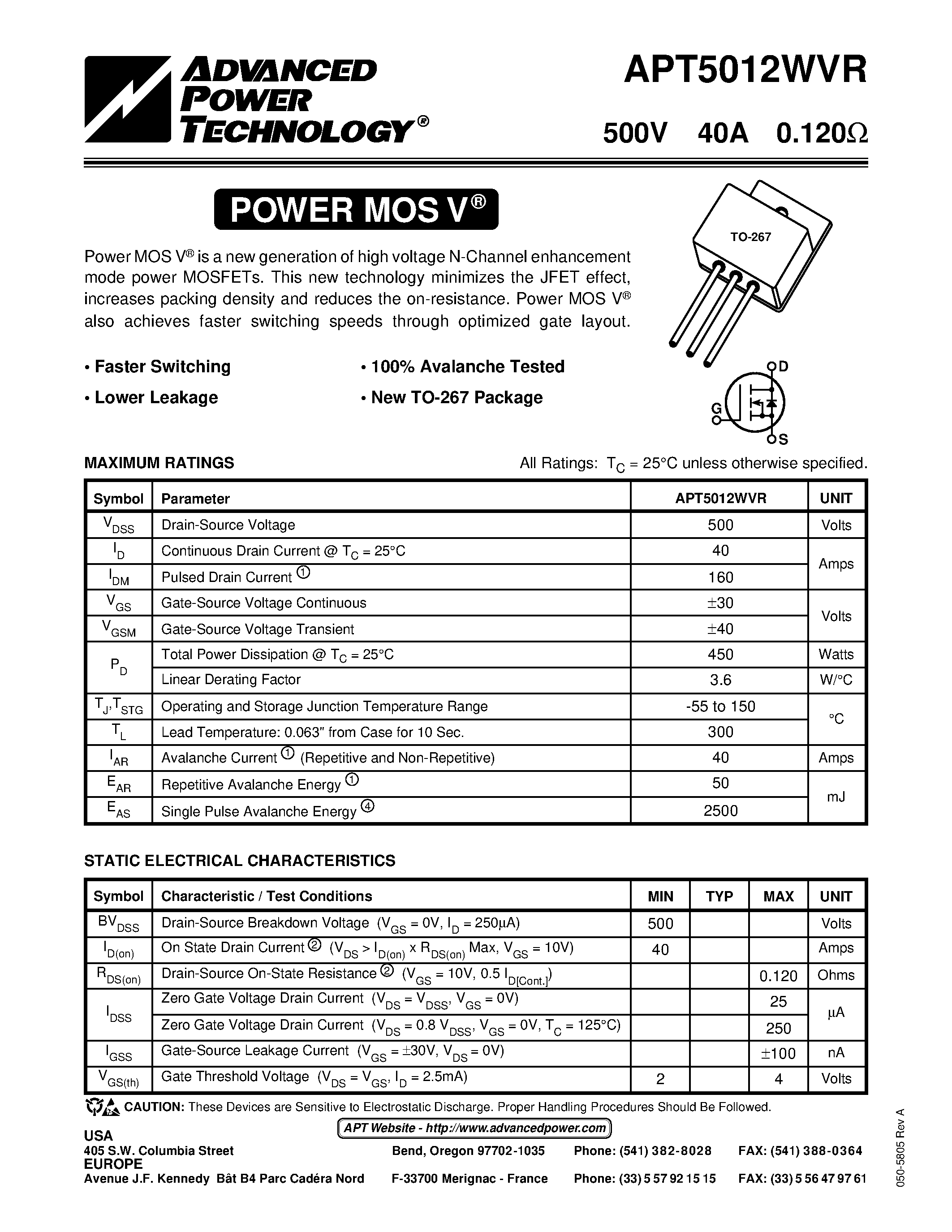 Datasheet APT5012 - N-CHANNEL ENHANCEMENT MODE HIGH VOLTAGE POWER MOSFETS page 1