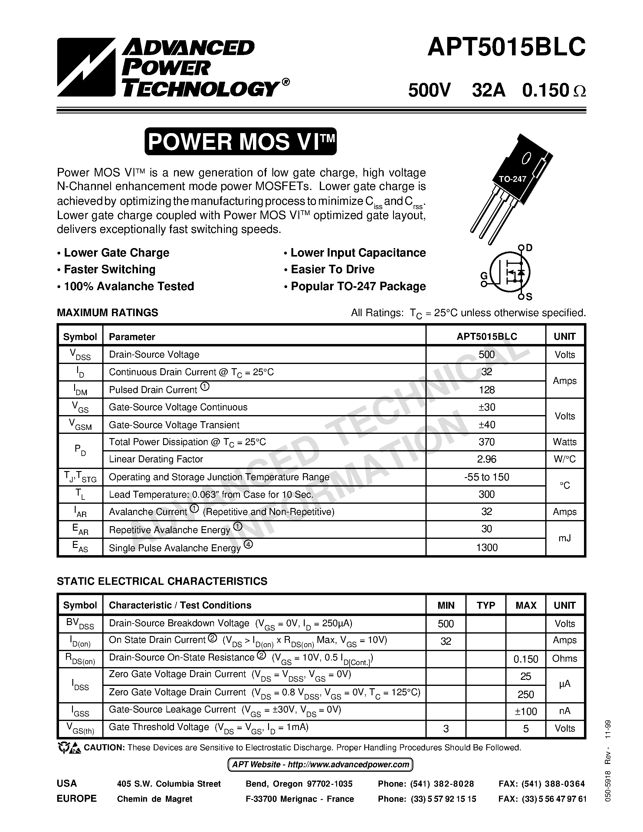 Datasheet APT5015BLC - Power MOS VITM is a new generation of low gate charge/ high voltage N-Channel enhancement mode power MOSFETs page 1