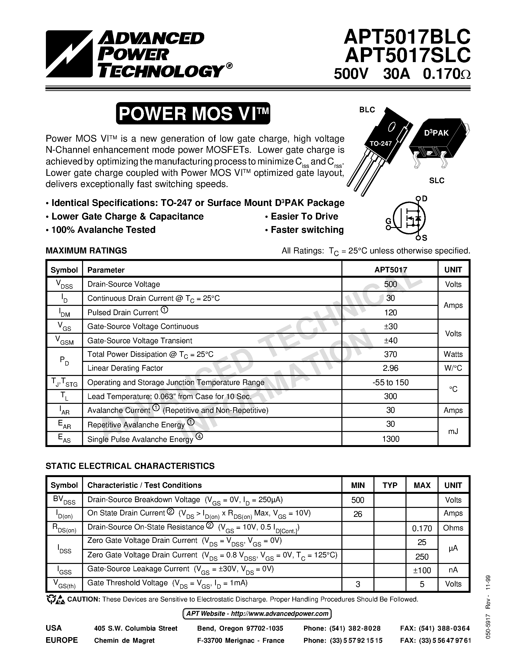 Datasheet APT5017SLC - Power MOS VITM is a new generation of low gate charge/ high voltage N-Channel enhancement mode power MOSFETs. page 1