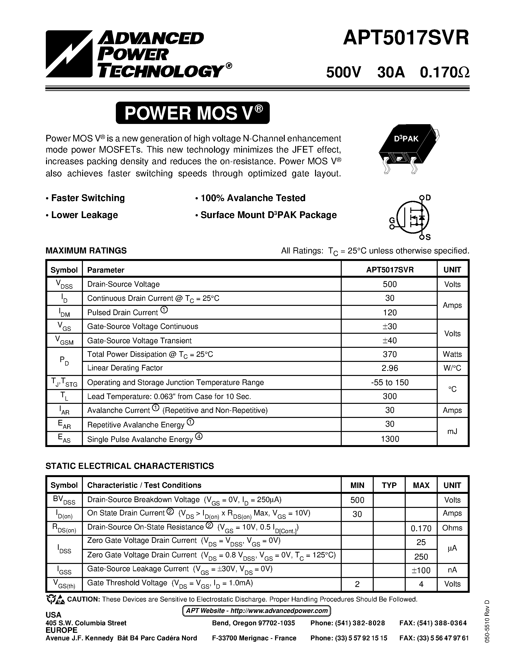 Datasheet APT5017SVR - Power MOS V is a new generation of high voltage N-Channel enhancement mode power MOSFETs. page 1
