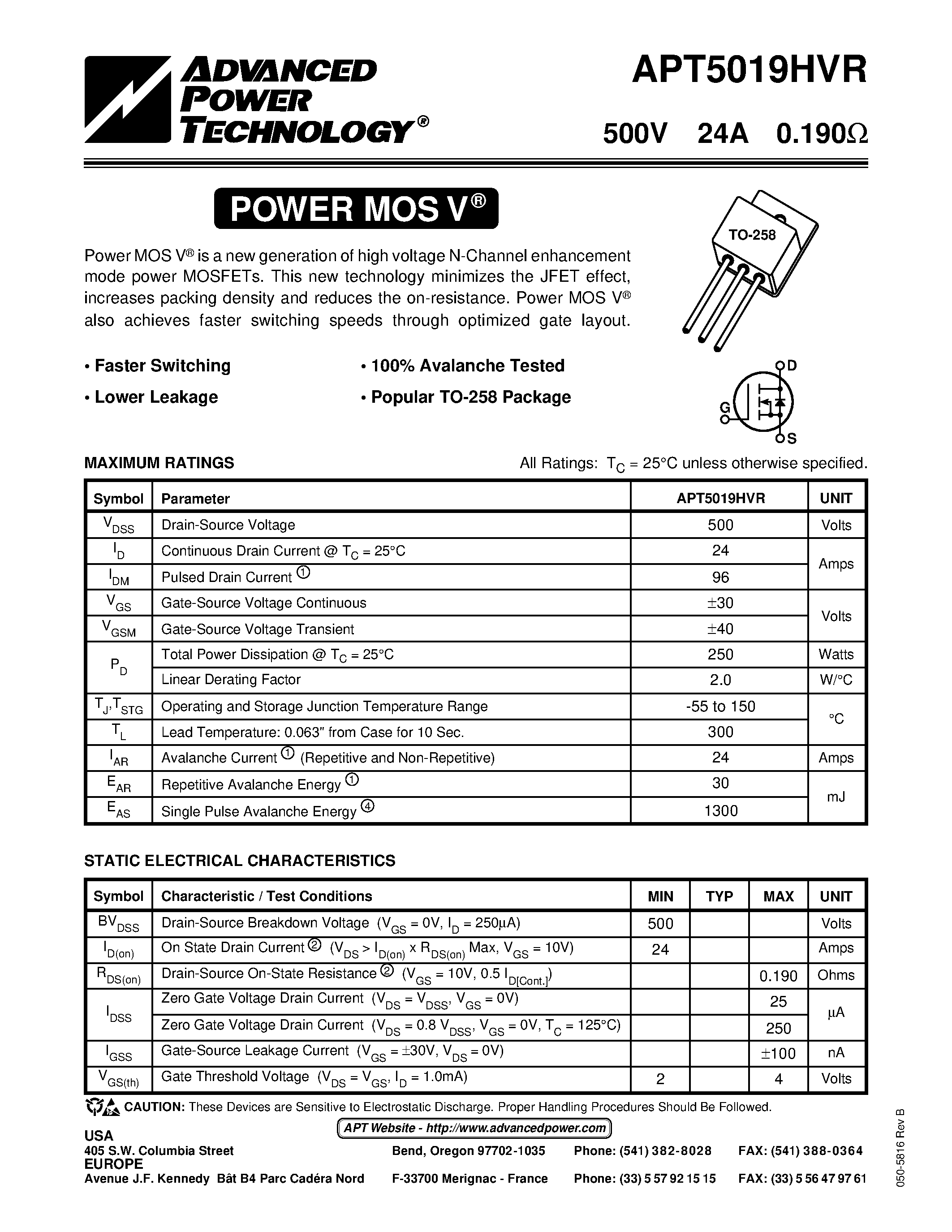 Datasheet APT5019HVR - Power MOS V is a new generation of high voltage N-Channel enhancement mode power MOSFETs. page 1