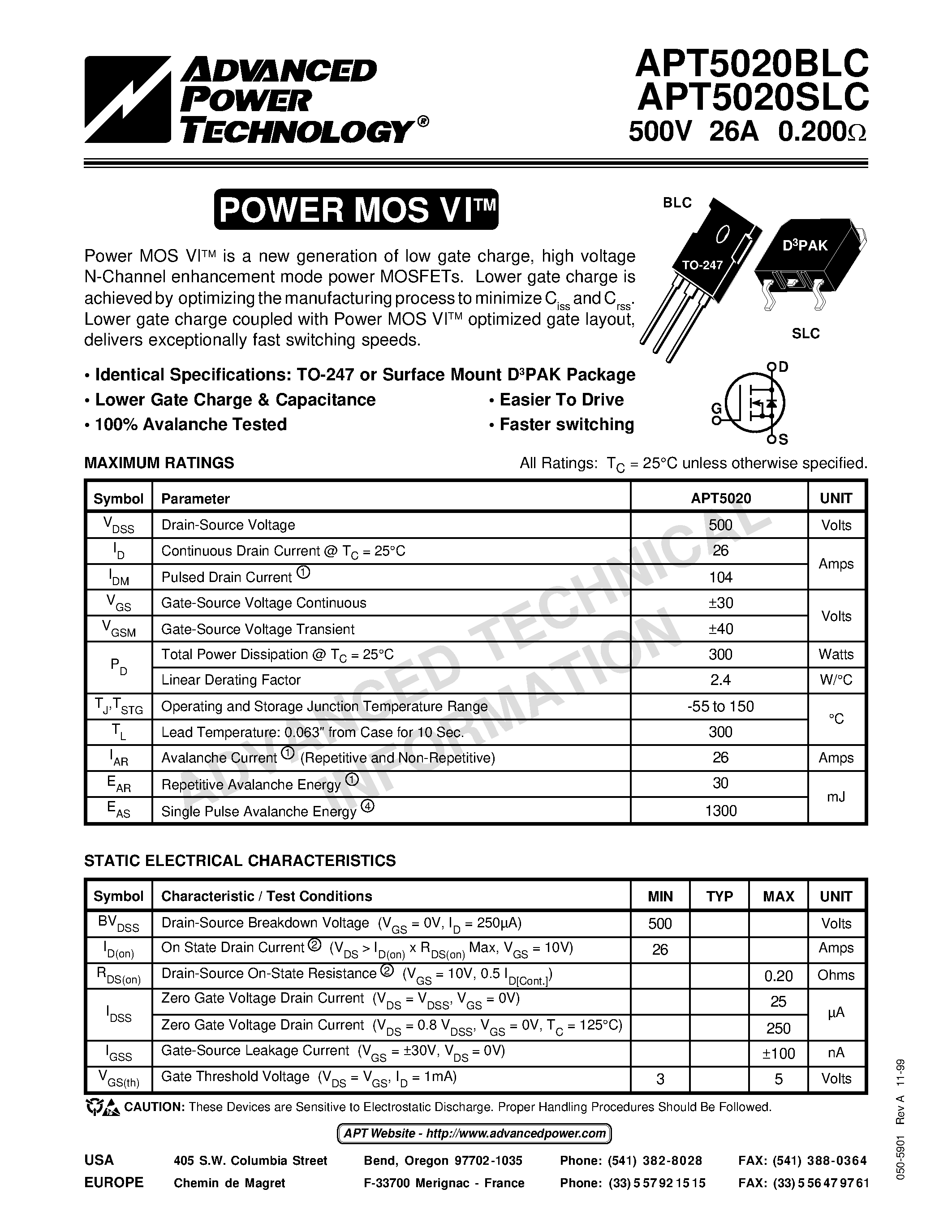 Datasheet APT5020BLC - Power MOS VITM is a new generation of low gate charge/ high voltage N-Channel enhancement mode power MOSFETs. page 1