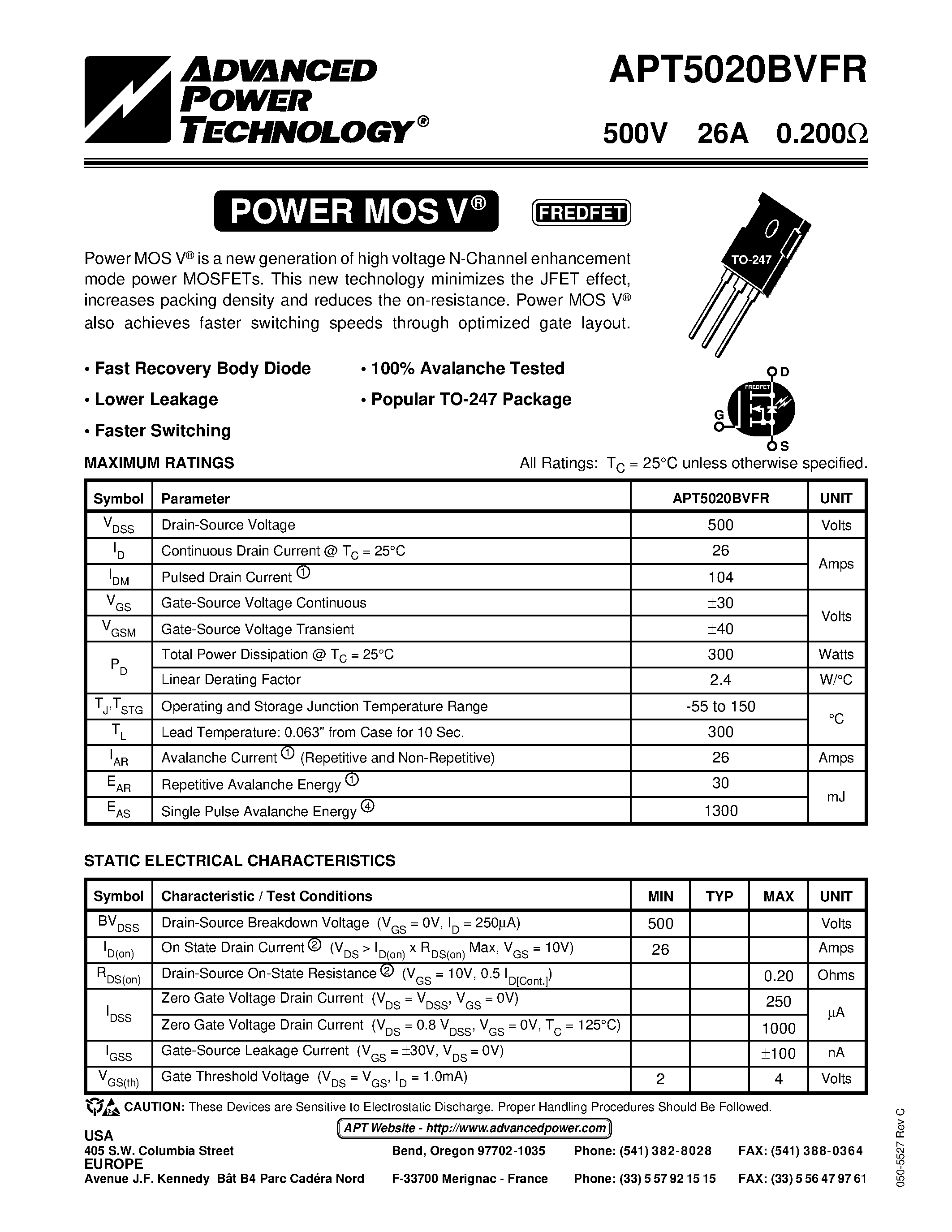 Datasheet APT5020BVFR page 1 Datasheet APT5020BVFR - Power MOS V is a new generation of high voltage N-Channel enhancement mode power MOSFETs. page 1