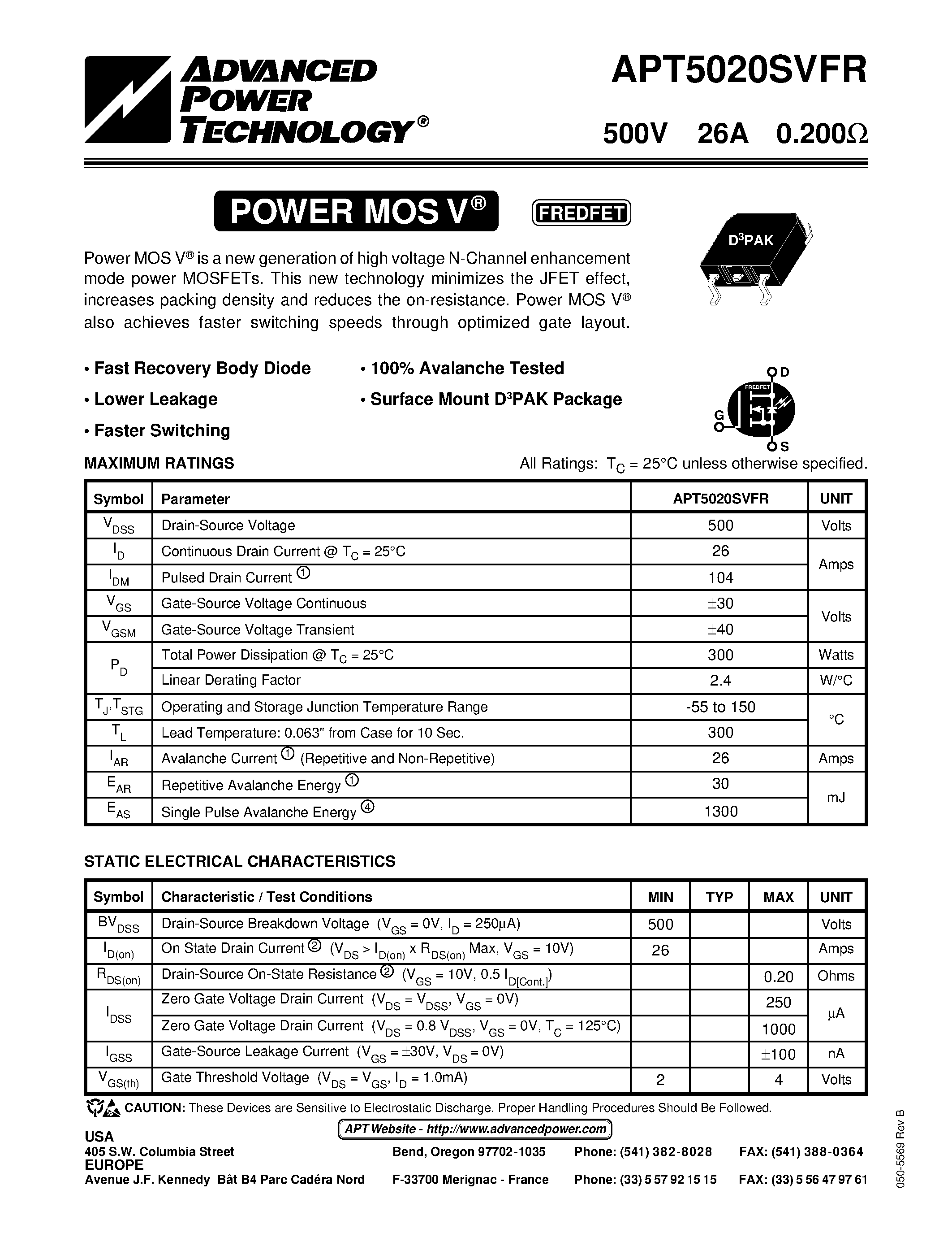 Datasheet APT5020SVFR page 1 Datasheet APT5020SVFR - Power MOS V is a new generation of high voltage N-Channel enhancement mode power MOSFETs. page 1