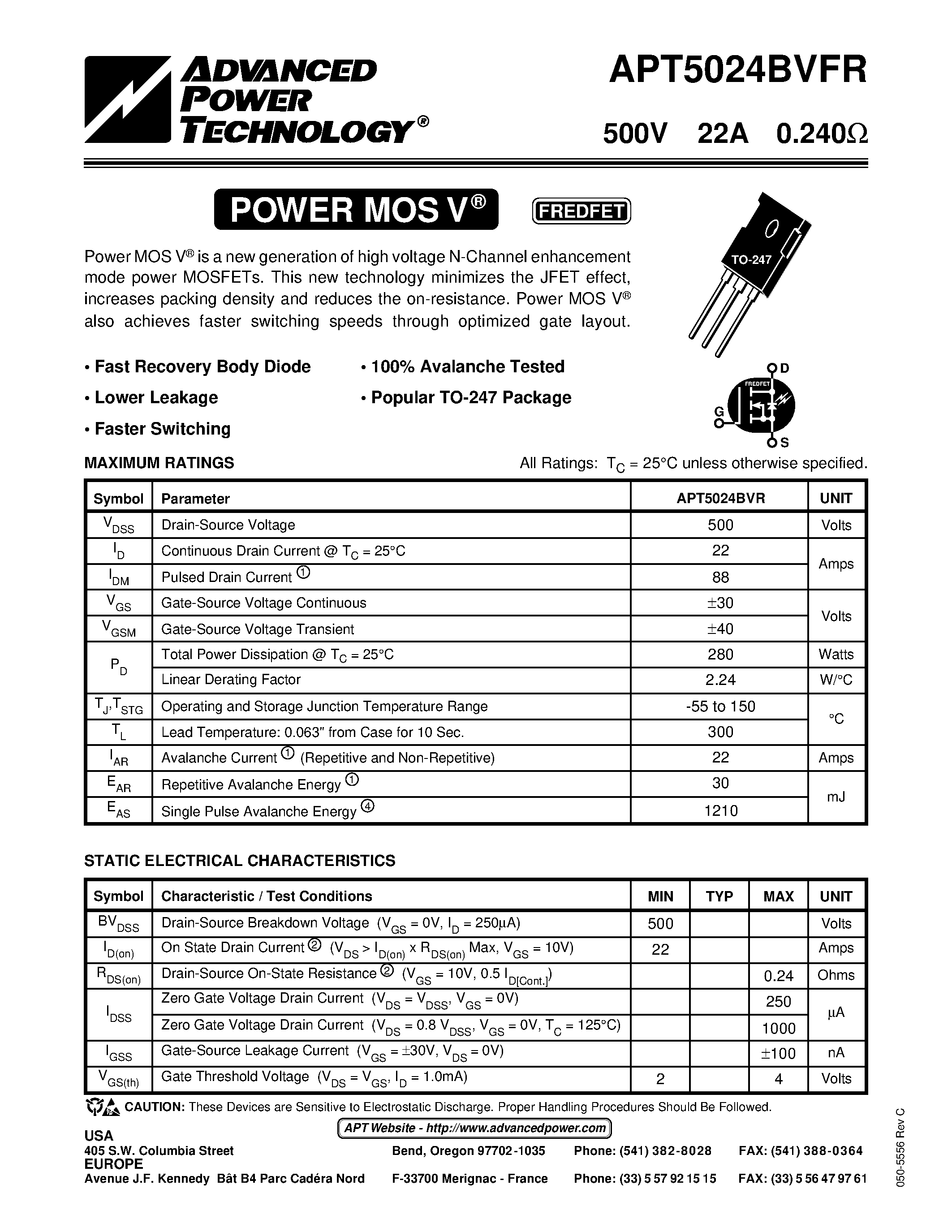 Datasheet APT5024BVFR page 1 Datasheet APT5024BVFR - Power MOS V is a new generation of high voltage N-Channel enhancement mode power MOSFETs. page 1