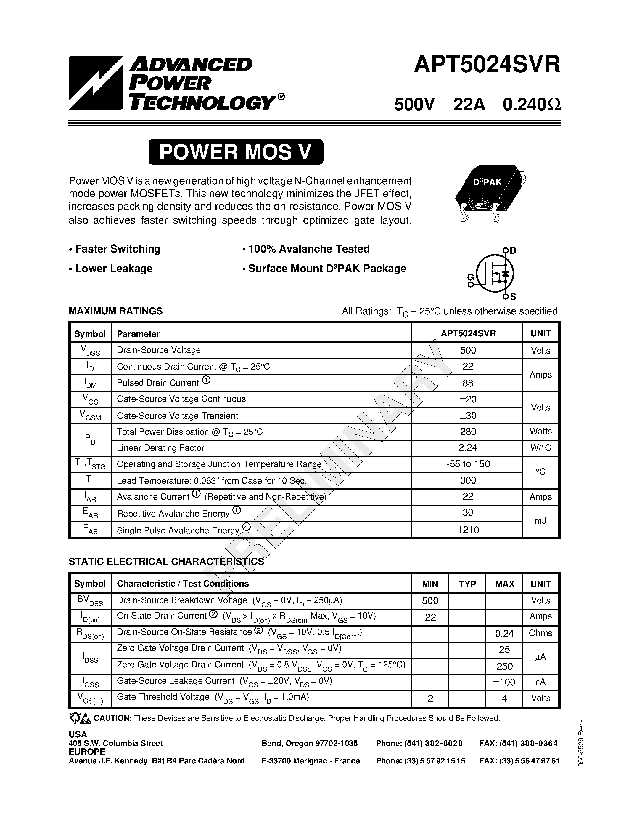 Datasheet APT5024SVR page 1 Datasheet APT5024SVR - Power MOS V is a new generation of high voltage N-Channel enhancement mode power MOSFETs. page 1