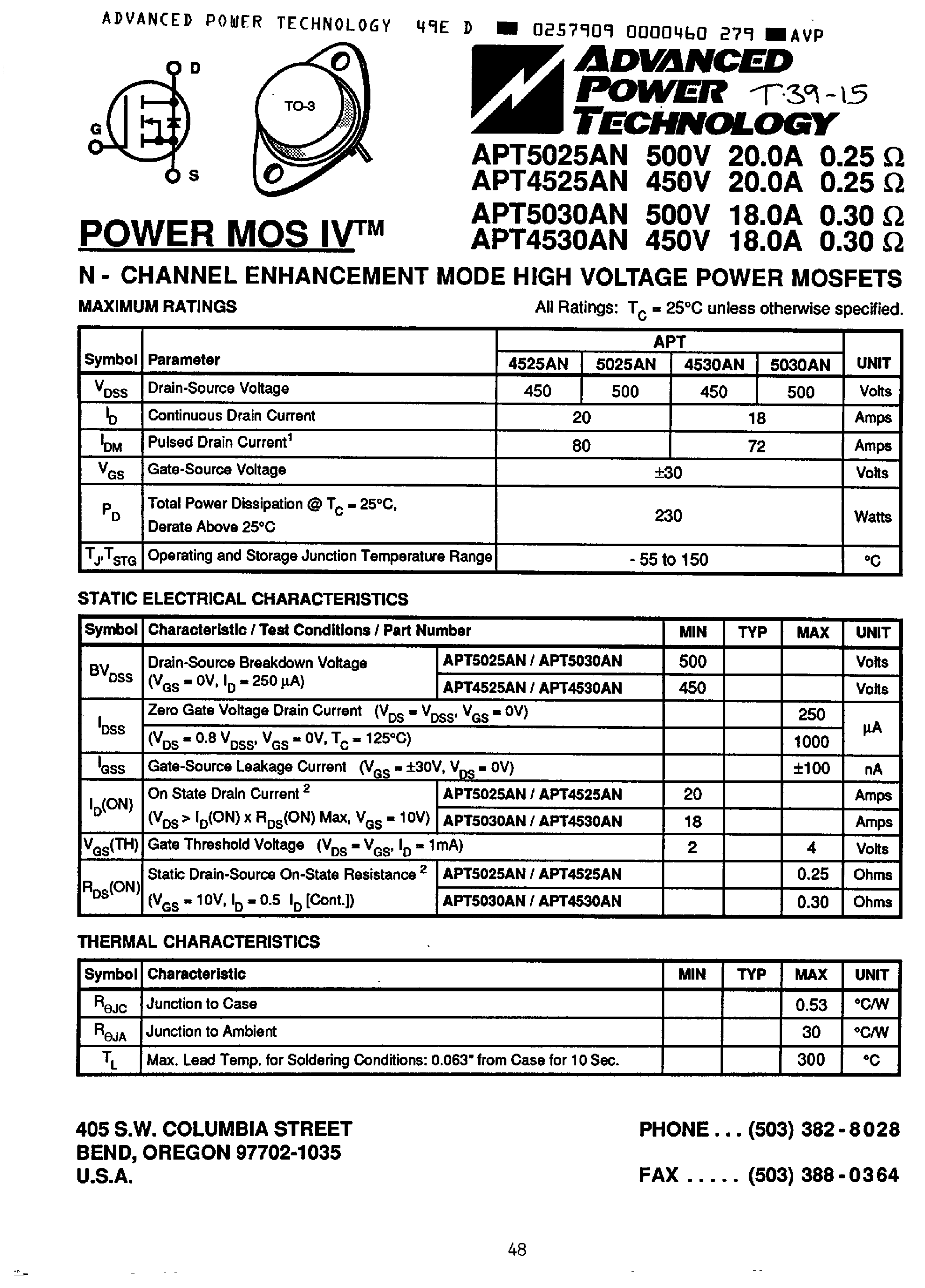 Datasheet APT5025AN - N-CHANNEL ENHANCEMENT MODE HIGH VOLTAGE POWER MOSFETS page 1