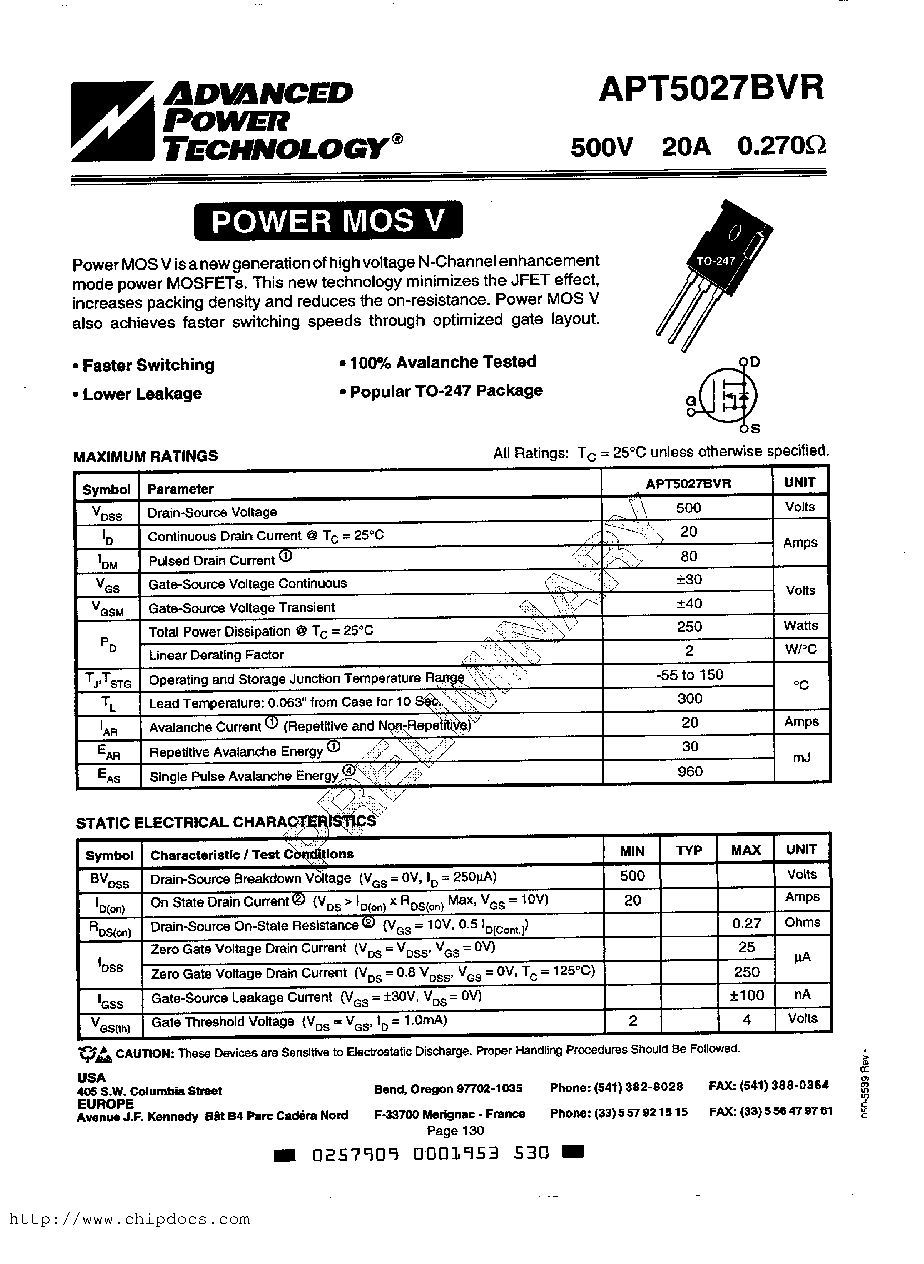 Datasheet APT5027BVR page 1 Datasheet APT5027BVR - Power MOS V is a new generation of high voltage N-Channel enhancement mode power MOSFETs page 1