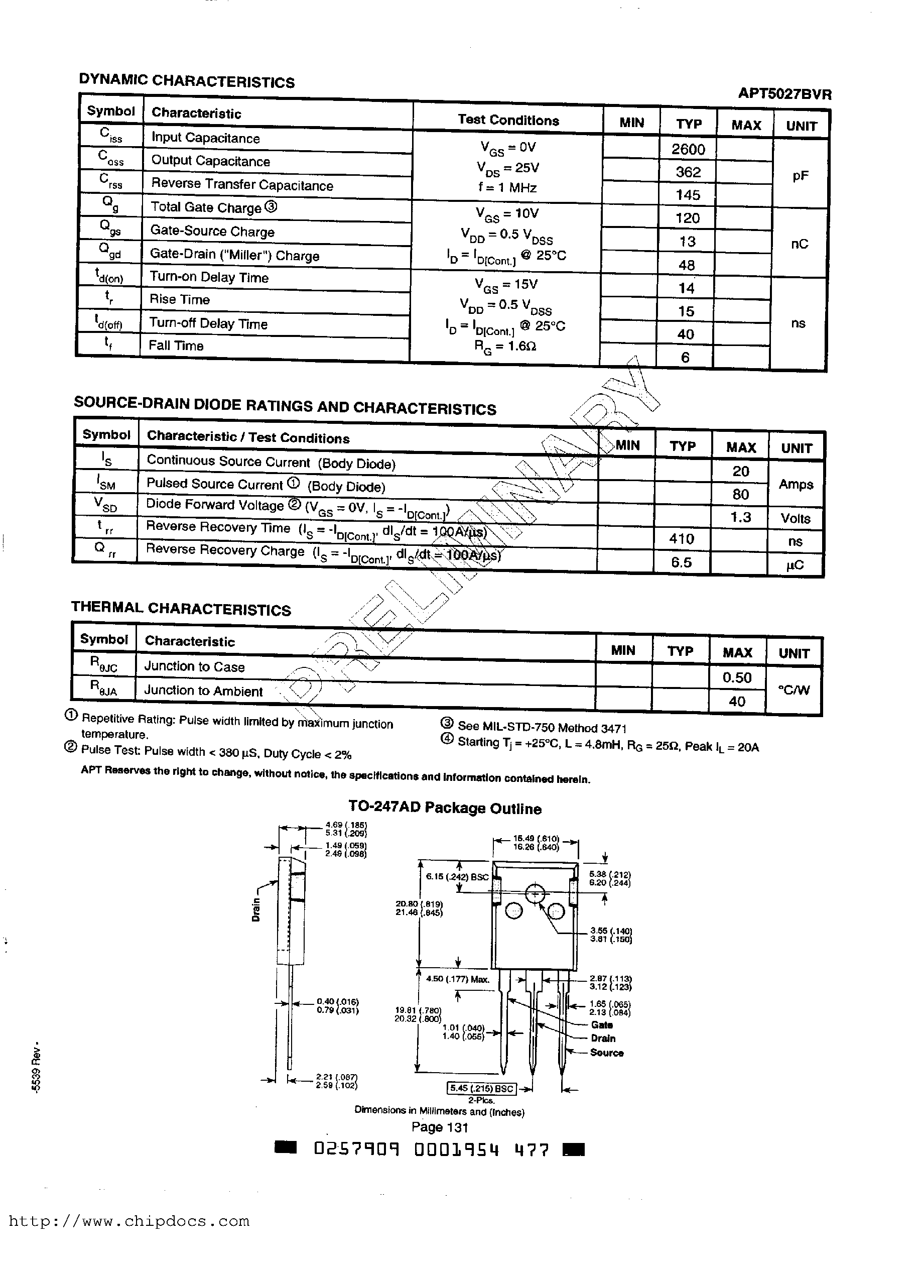 Datasheet APT5027BVR page 2 Datasheet APT5027BVR - Power MOS V is a new generation of high voltage N-Channel enhancement mode power MOSFETs page 2
