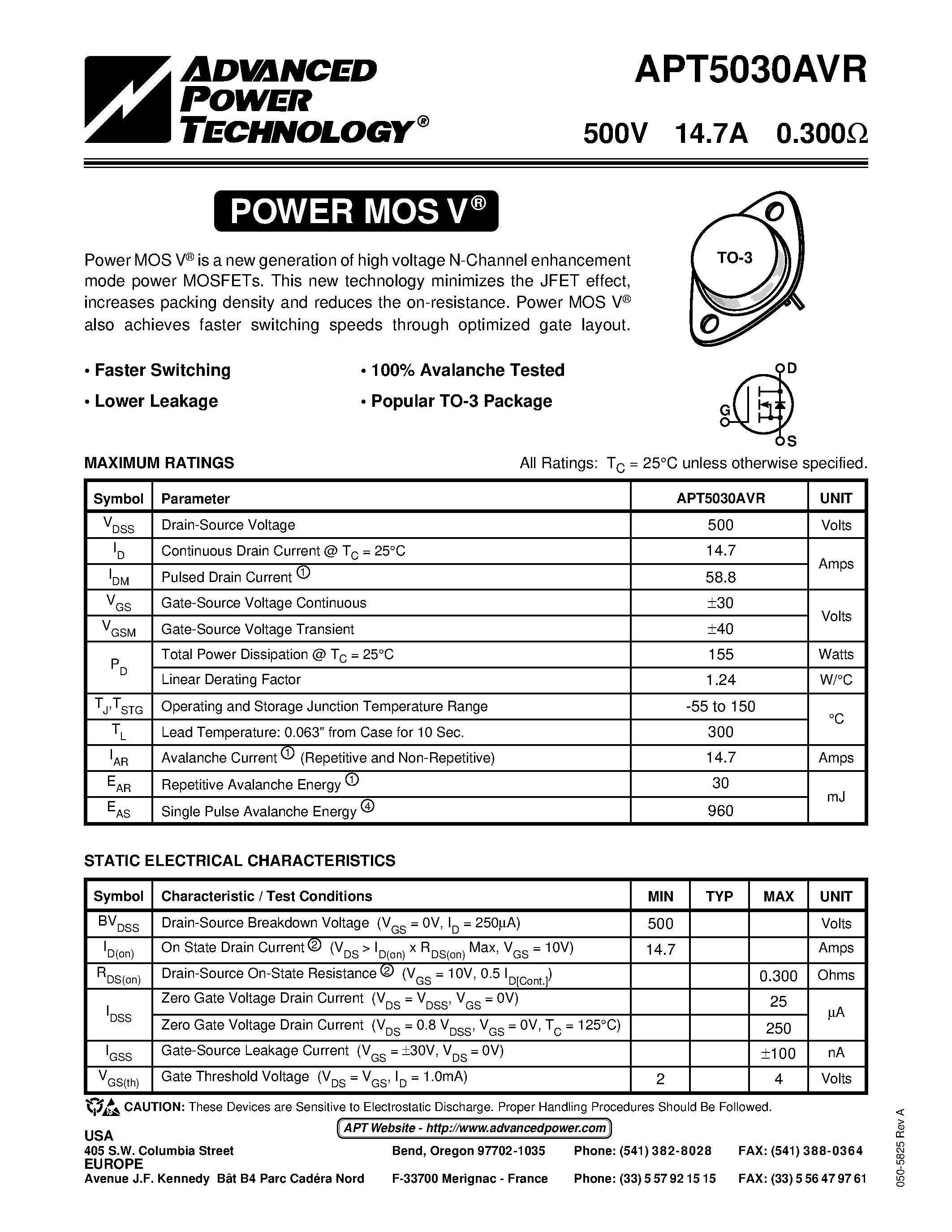 Datasheet APT5030AVR page 1 Datasheet APT5030AVR - Power MOS V is a new generation of high voltage N-Channel enhancement mode power MOSFETs. page 1