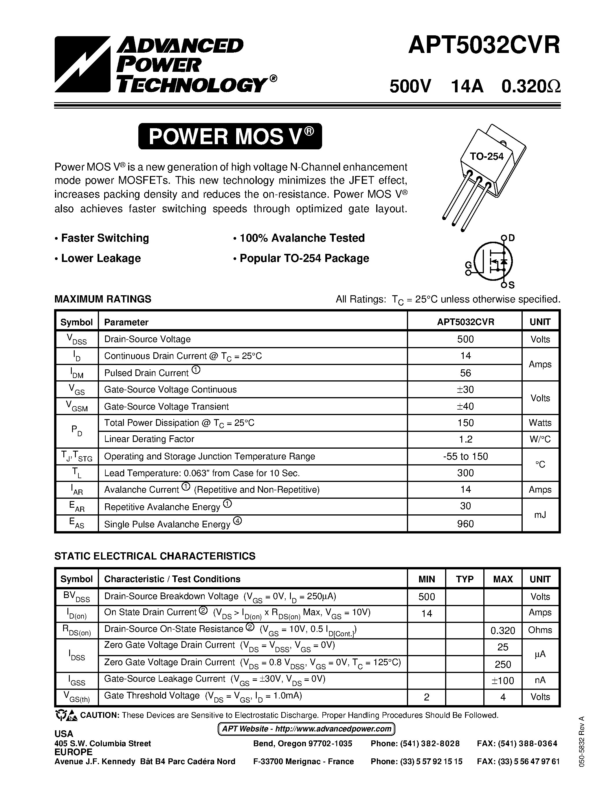 Datasheet APT5032CVR - Power MOS V is a new generation of high voltage N-Channel enhancement mode power MOSFETs. page 1
