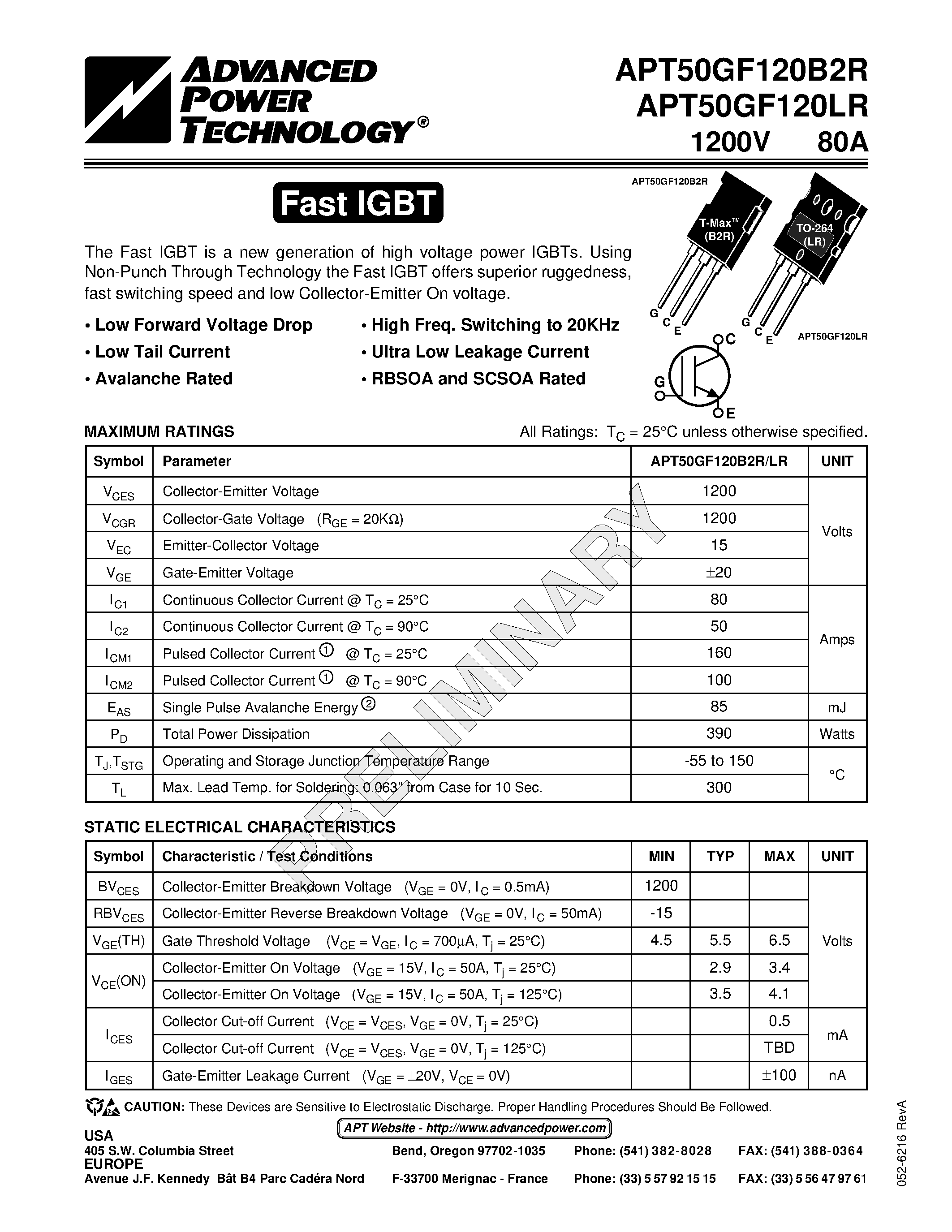 Datasheet APT50GF120B2R - The Fast IGBT is a new generation of high voltage power IGBTs. page 1