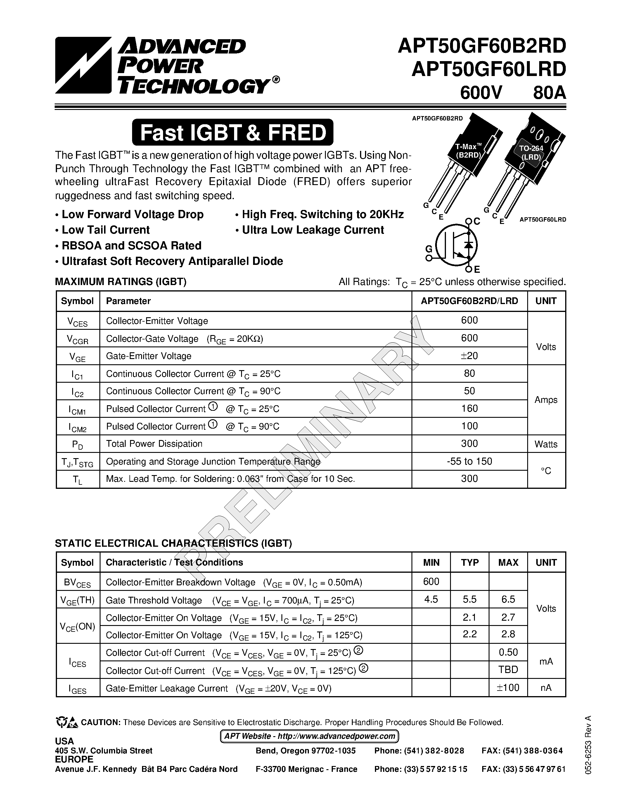 Datasheet APT50GF60B2RD - The Fast IGBT is a new generation of high voltage power IGBTs. page 1