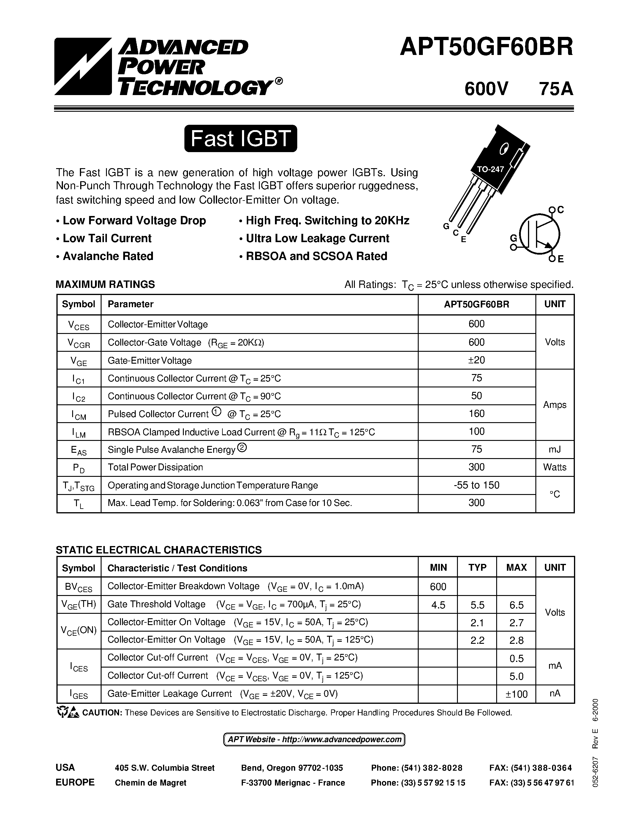 Datasheet APT50GF60BR - The Fast IGBT is a new generation of high voltage power IGBTs. page 1