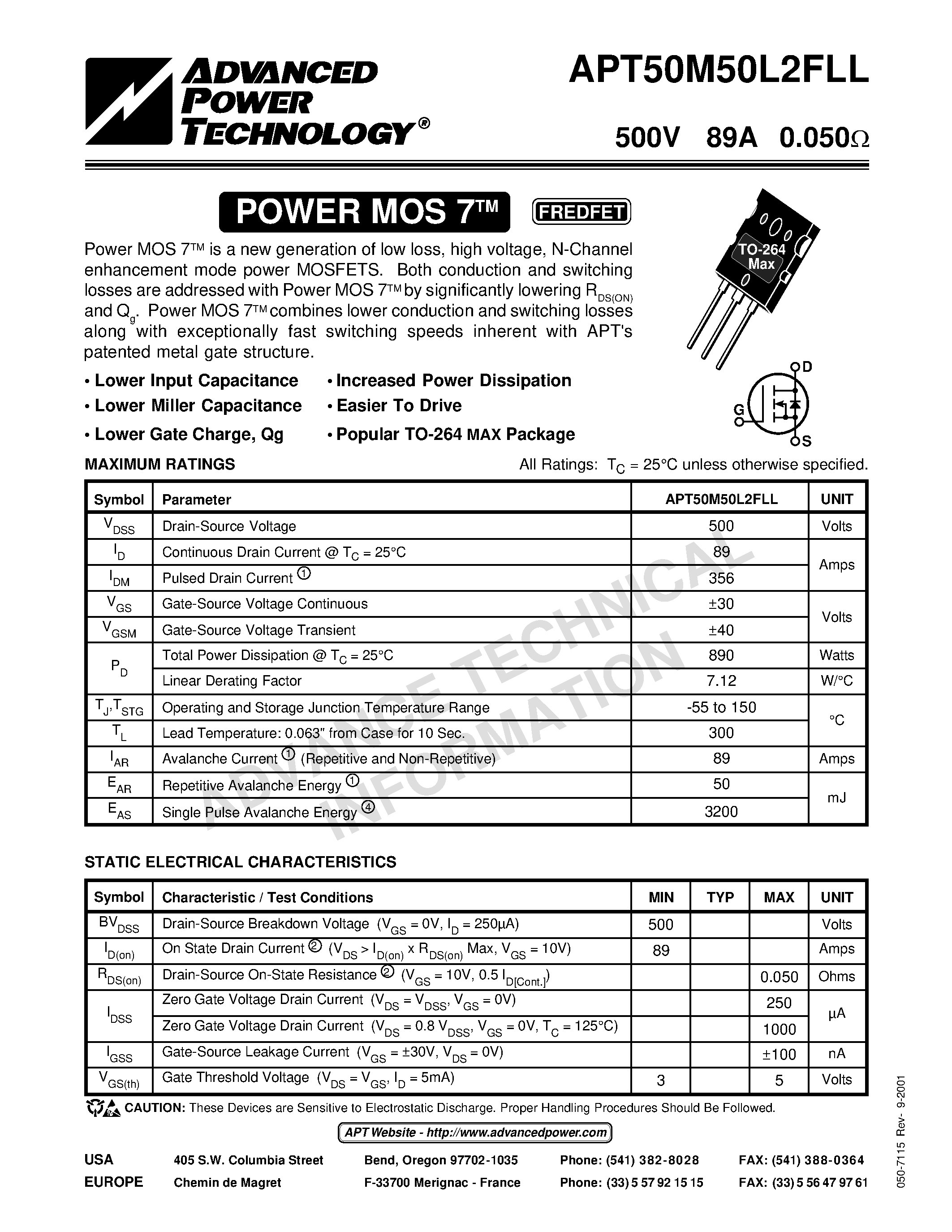 Datasheet APT50M50L2FLL - Power MOS 7TM is a new generation of low loss/ high voltage/ N-Channel enhancement mode power MOSFETS. page 1