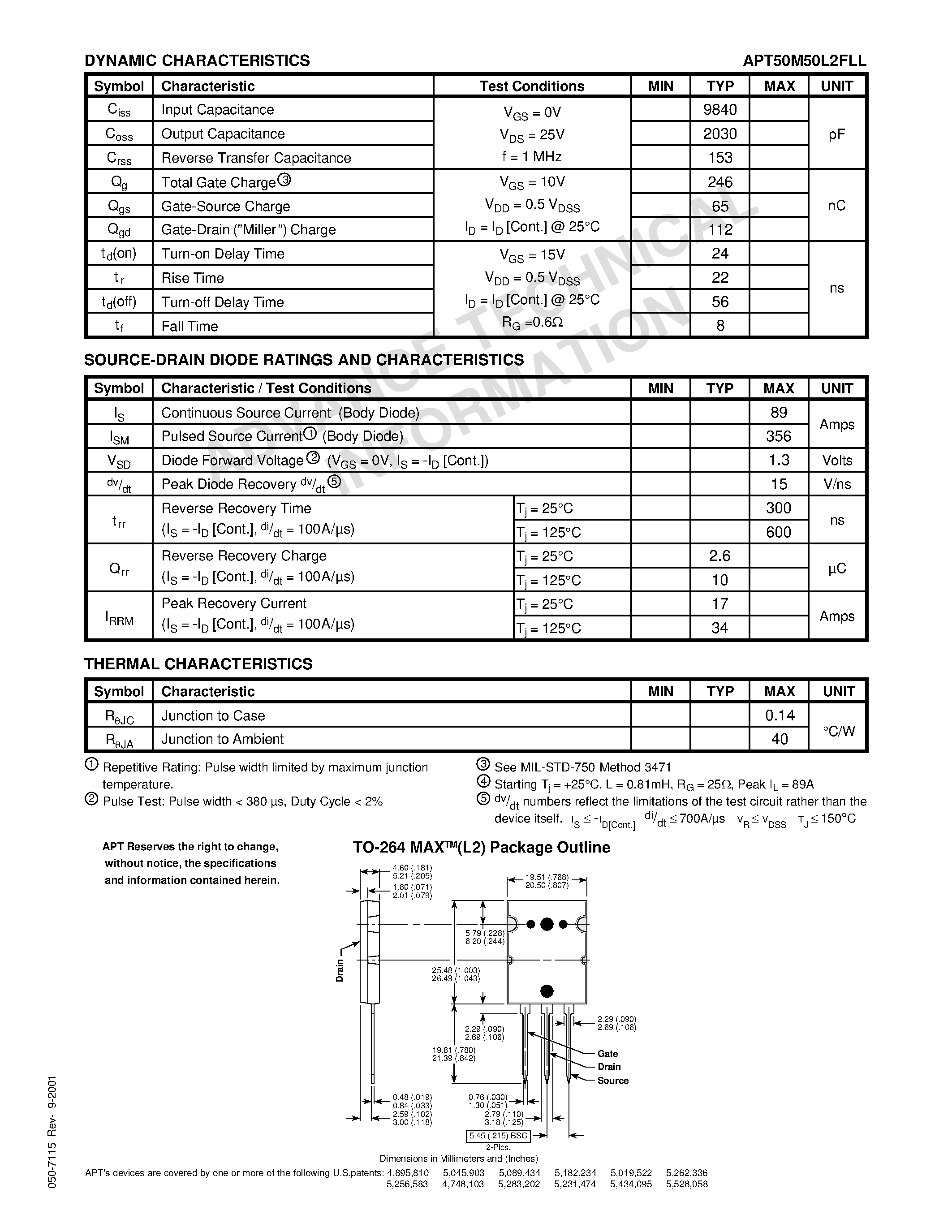 Datasheet APT50M50L2FLL - Power MOS 7TM is a new generation of low loss/ high voltage/ N-Channel enhancement mode power MOSFETS. page 2