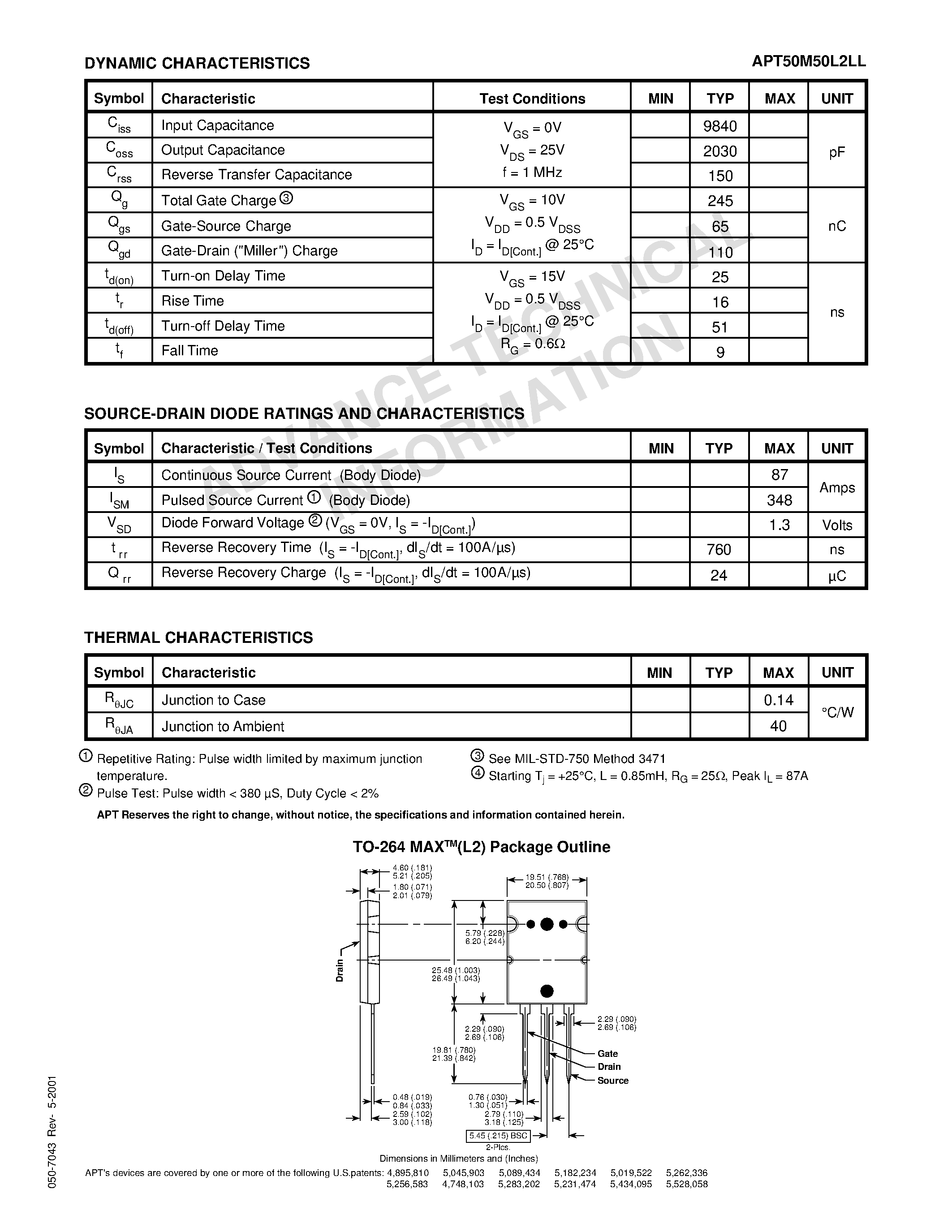 Datasheet APT50M50L2LL - Power MOS 7TM is a new generation of low loss/ high voltage/ N-Channel enhancement mode power MOSFETS. page 2