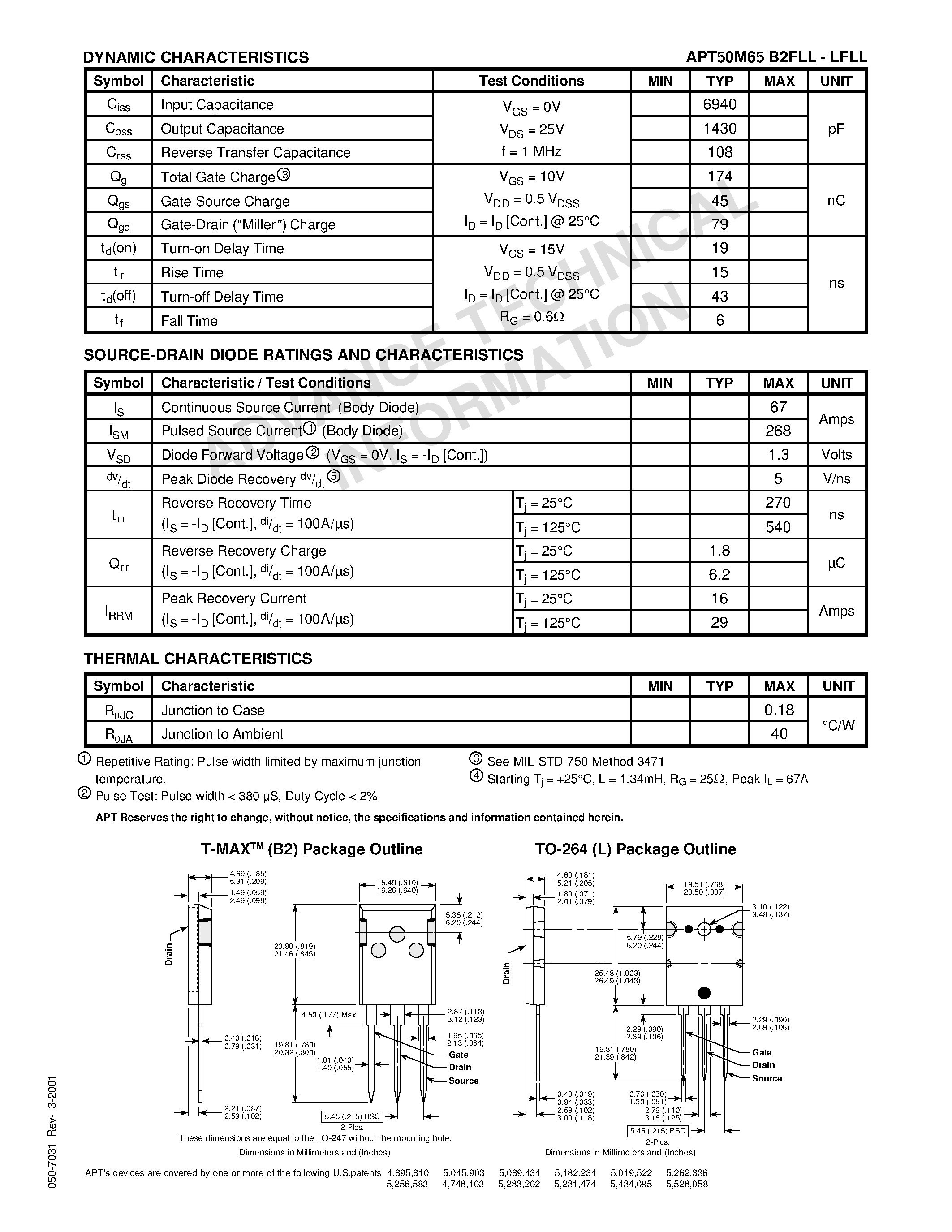 Datasheet APT50M65B2FLL - Power MOS 7TM is a new generation of low loss/ high voltage/ N-Channel enhancement mode power MOSFETS page 2