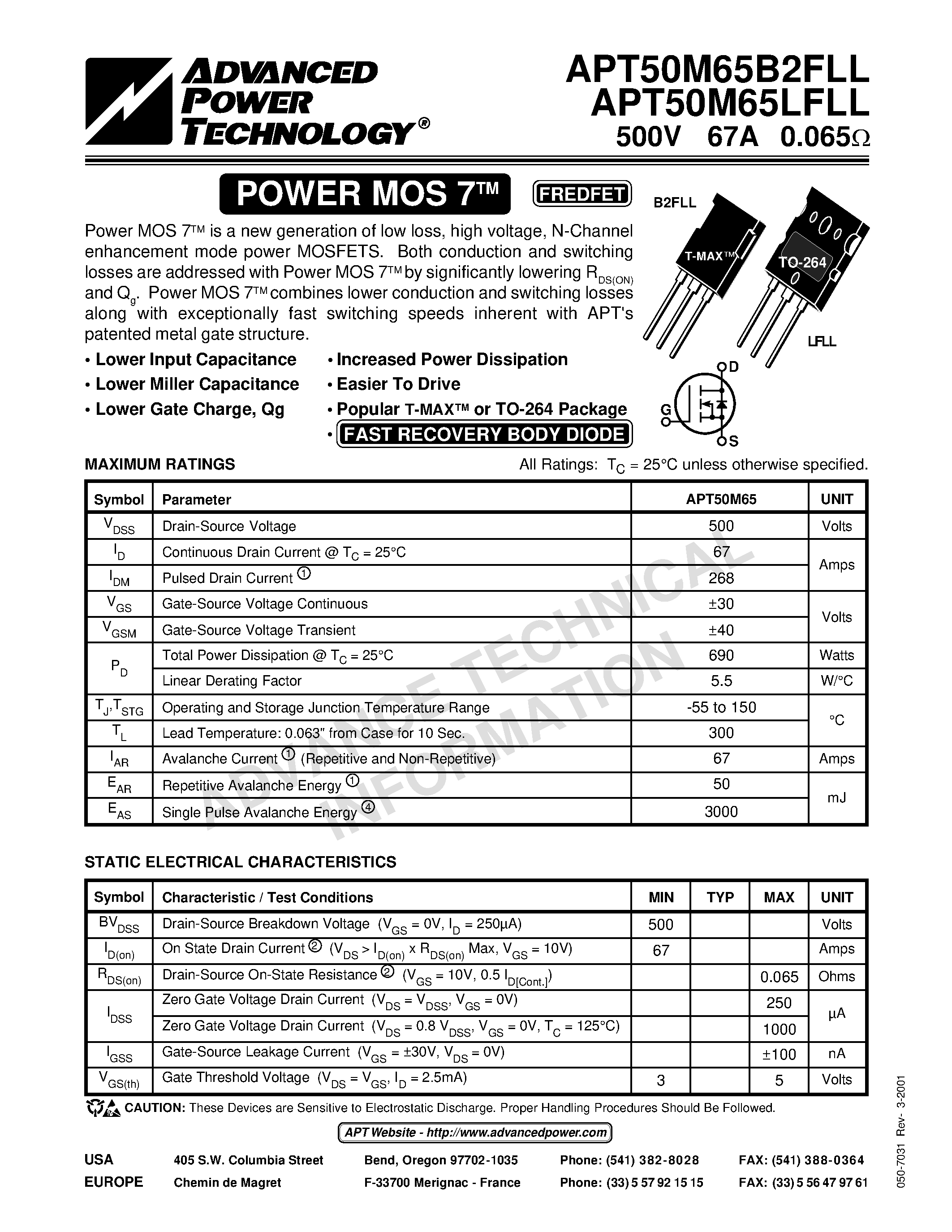 Datasheet APT50M65LFLL - Power MOS 7TM is a new generation of low loss/ high voltage/ N-Channel enhancement mode power MOSFETS page 1
