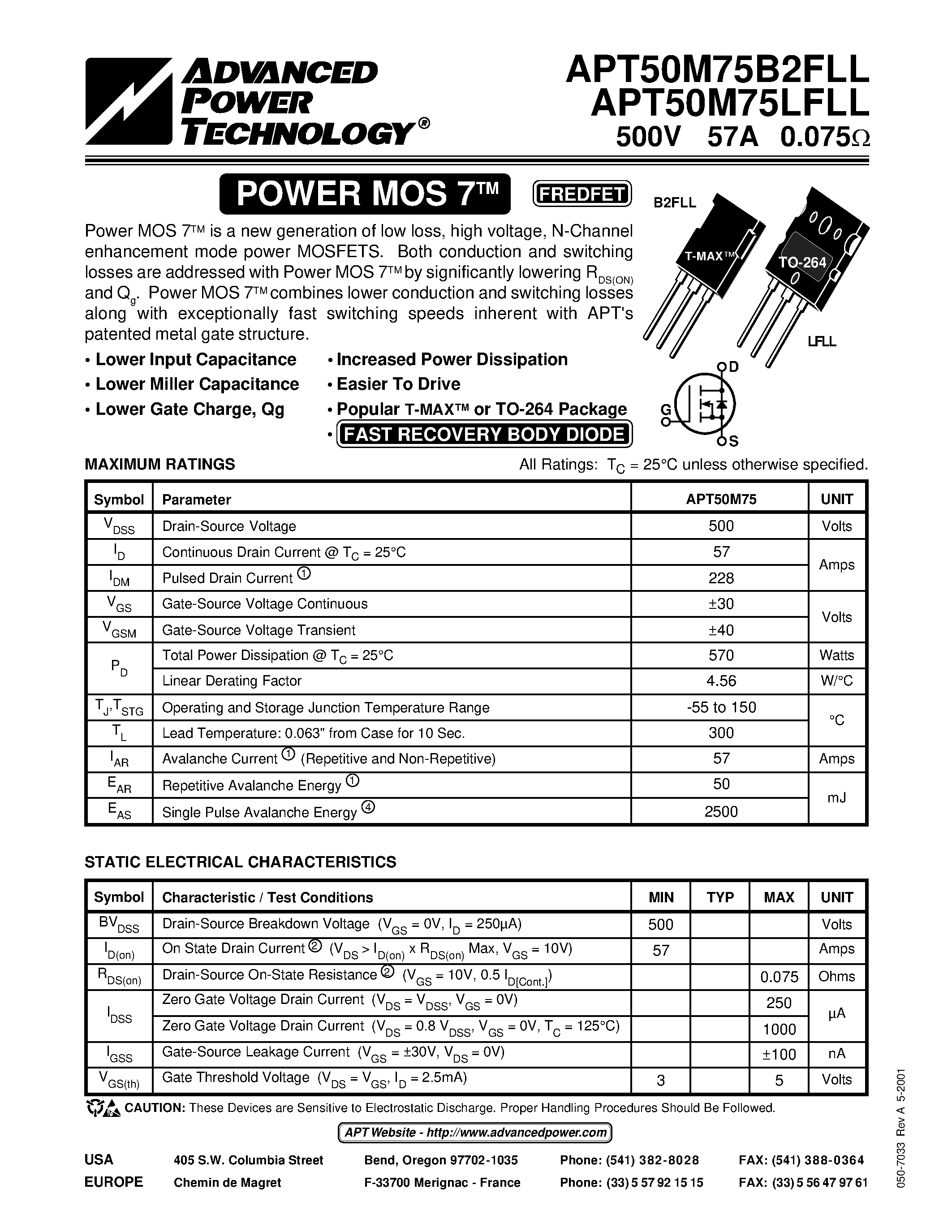 Datasheet APT50M75B2FLL - Power MOS 7TM is a new generation of low loss/ high voltage/ N-Channel enhancement mode power MOSFETS. page 1