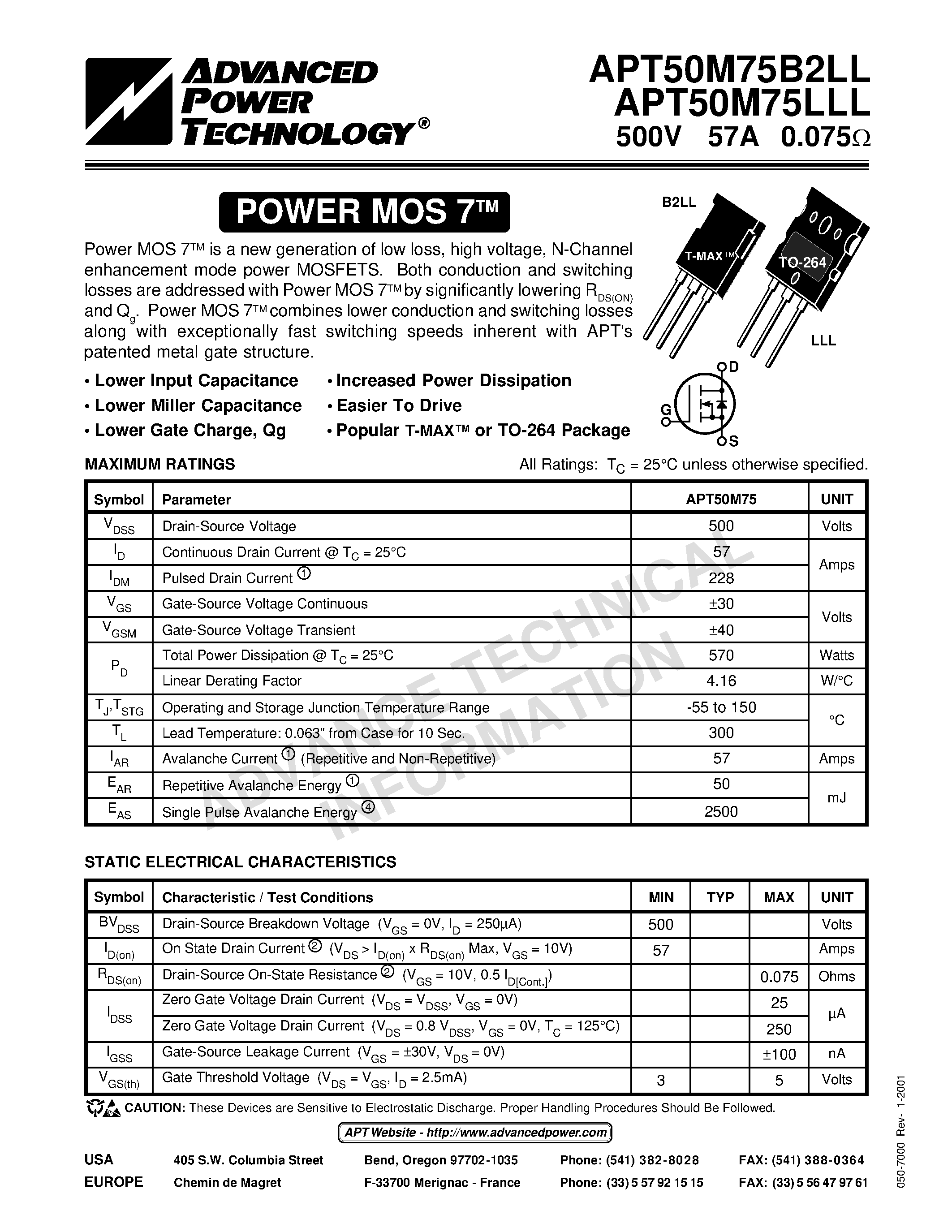 Datasheet APT50M75B2LL - Power MOS 7TM is a new generation of low loss/ high voltage/ N-Channel enhancement mode power MOSFETS page 1