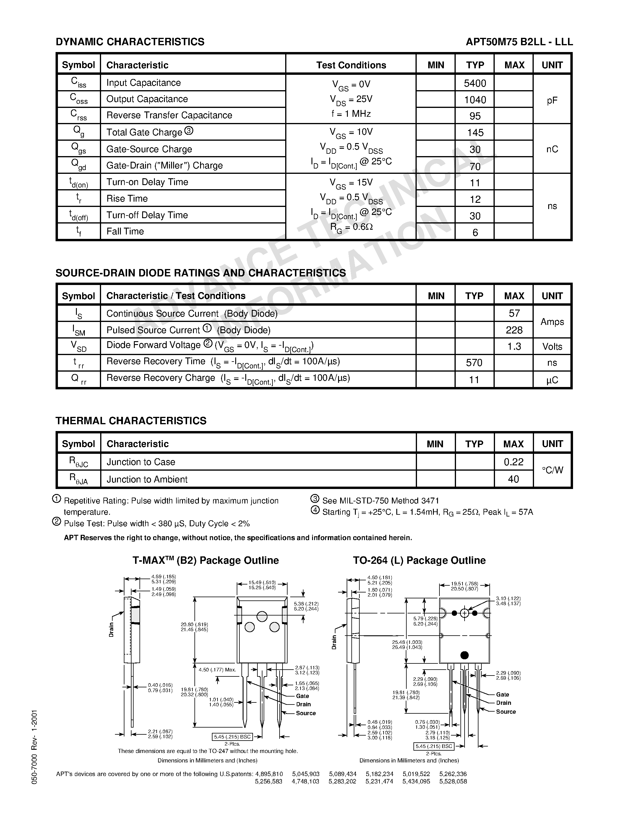 Datasheet APT50M75B2LL - Power MOS 7TM is a new generation of low loss/ high voltage/ N-Channel enhancement mode power MOSFETS page 2
