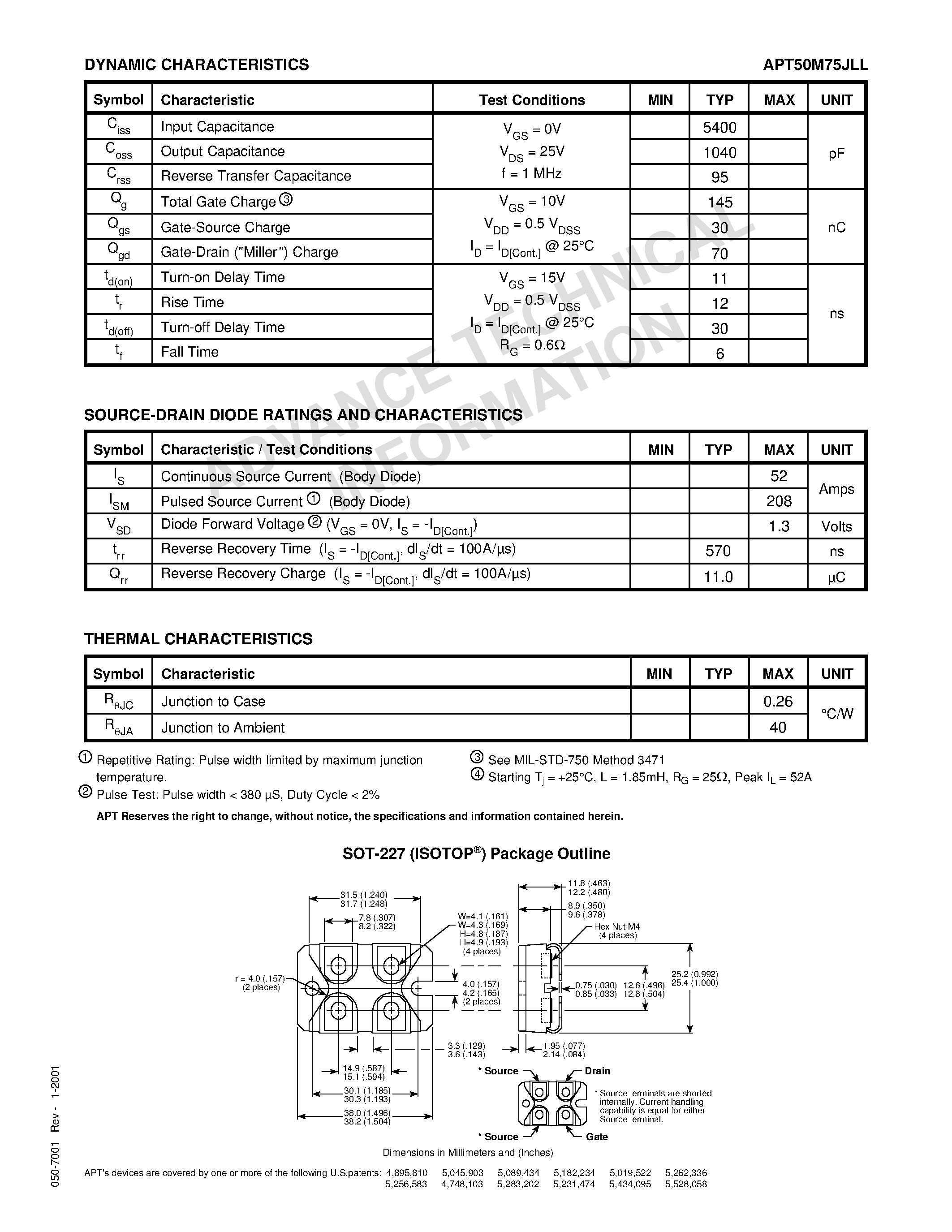 Datasheet APT50M75JLL - Power MOS 7TM is a new generation of low loss/ high voltage/ N-Channel enhancement mode power MOSFETS. page 2