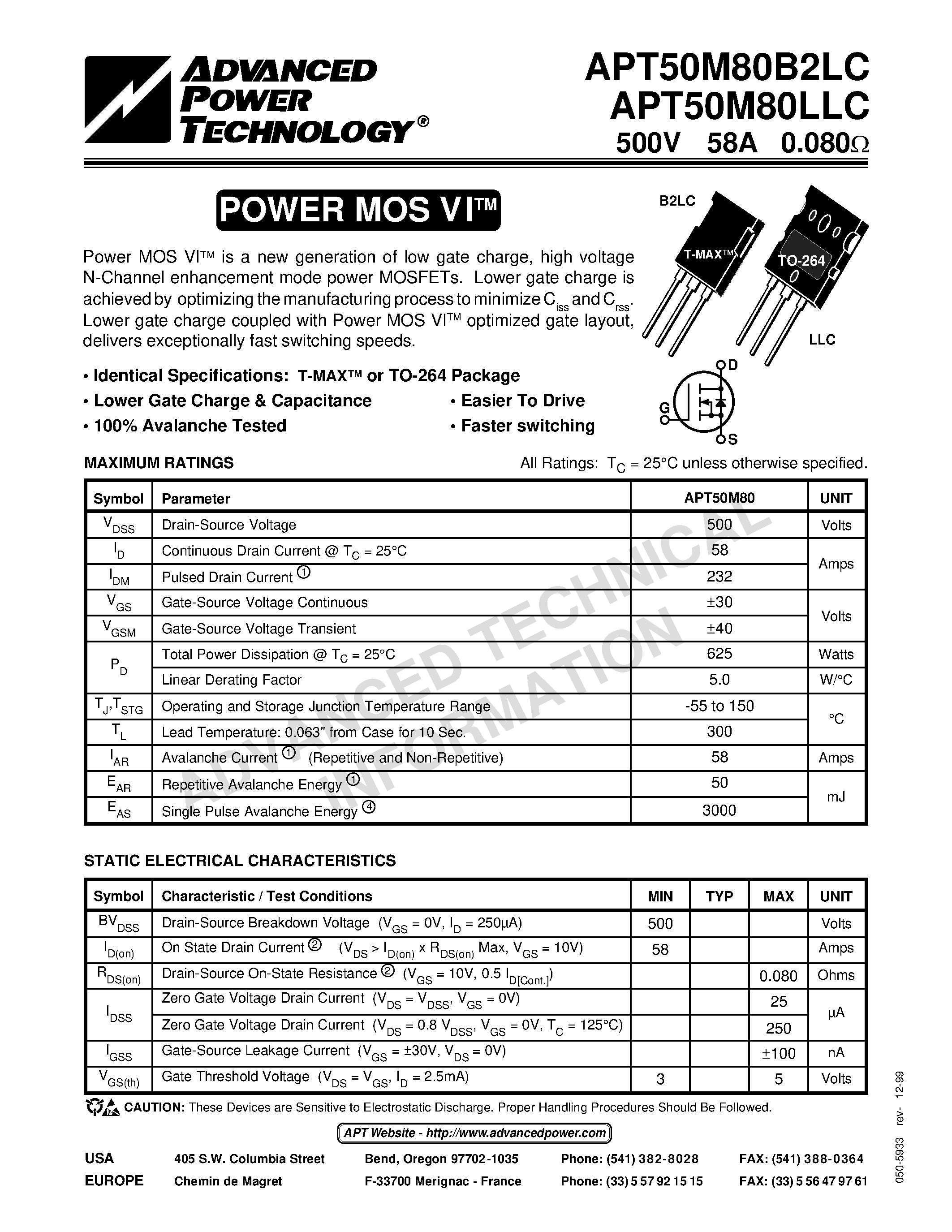 Datasheet APT50M80B2LC - Power MOS VITM is a new generation of low gate charge/ high voltage N-Channel enhancement mode power MOSFETs. page 1